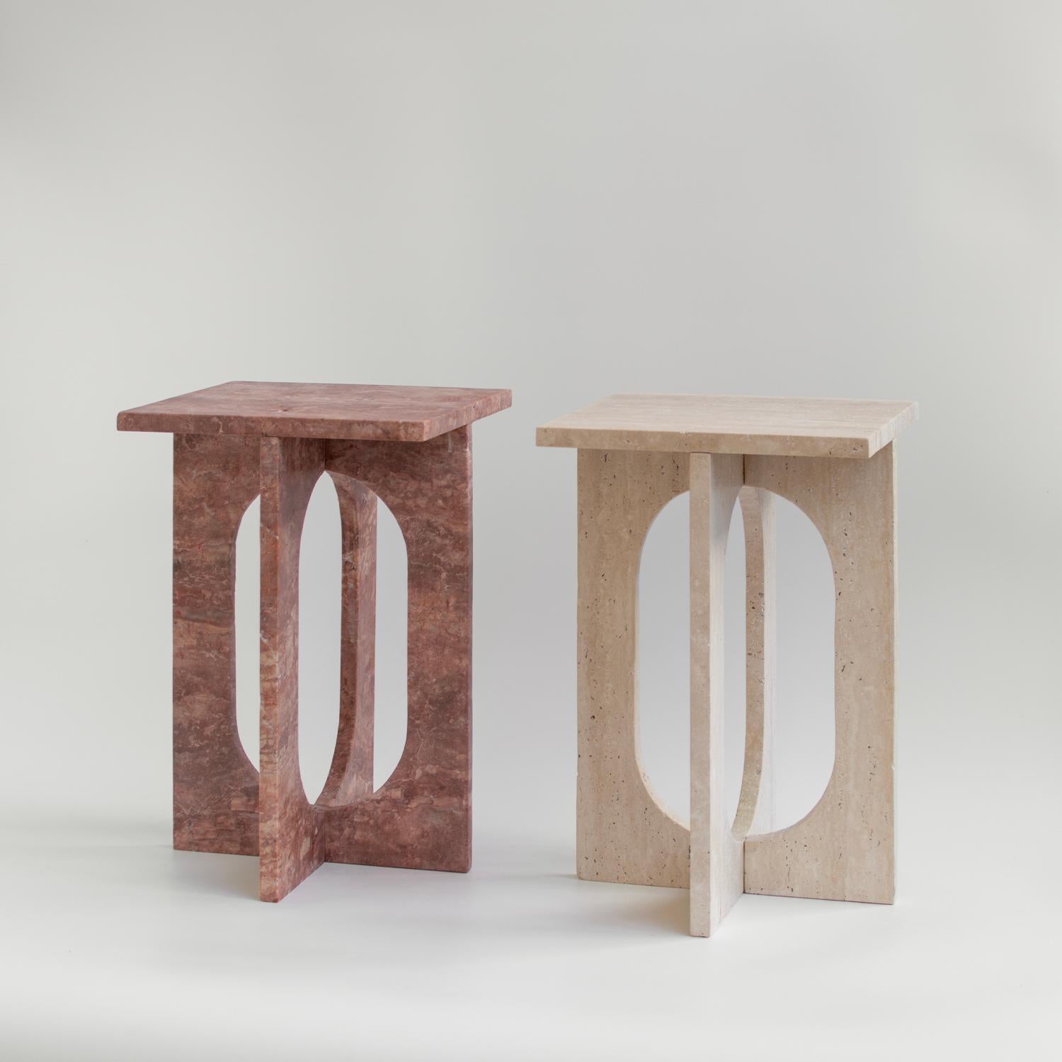 BOND Side Table in Red Travertine -  Bond Side Table evokes simplicity with its modern, clean design. Crafted from honed travertine, this piece is a stylish addition to any space with its sophisticated, clean lines and sleek construction. Use Bond