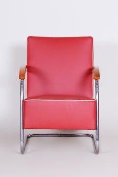Red Tubular Steel Cantilever Chrome Armchair, High Quality Leather, 1930s