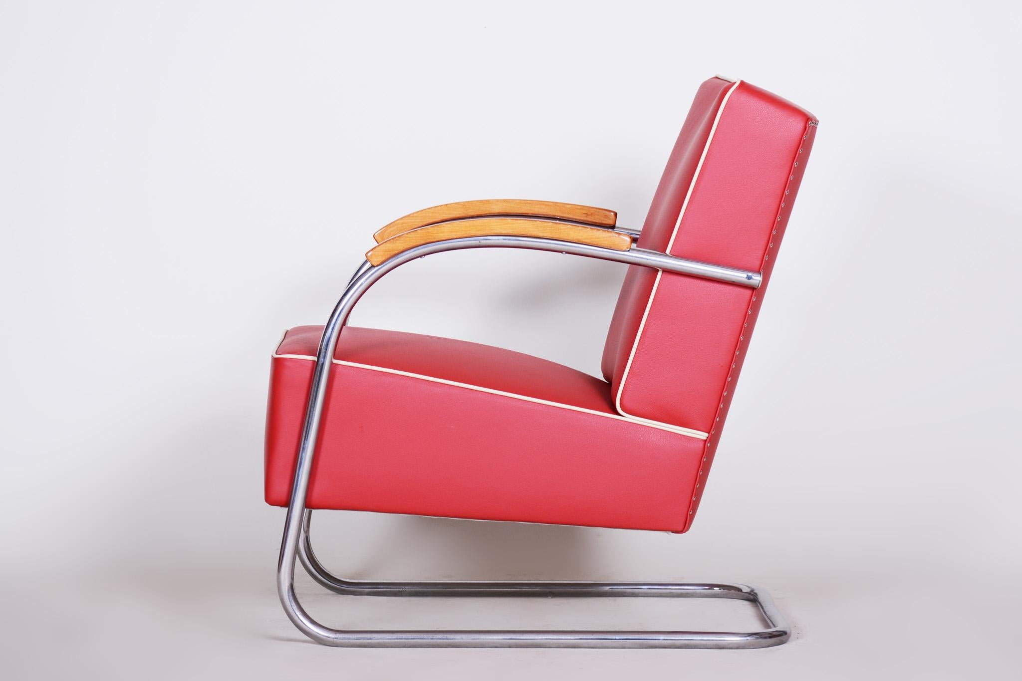 Red Tubular Steel Cantilever Chrome Armchair, High Quality Leather, 1930s For Sale 1
