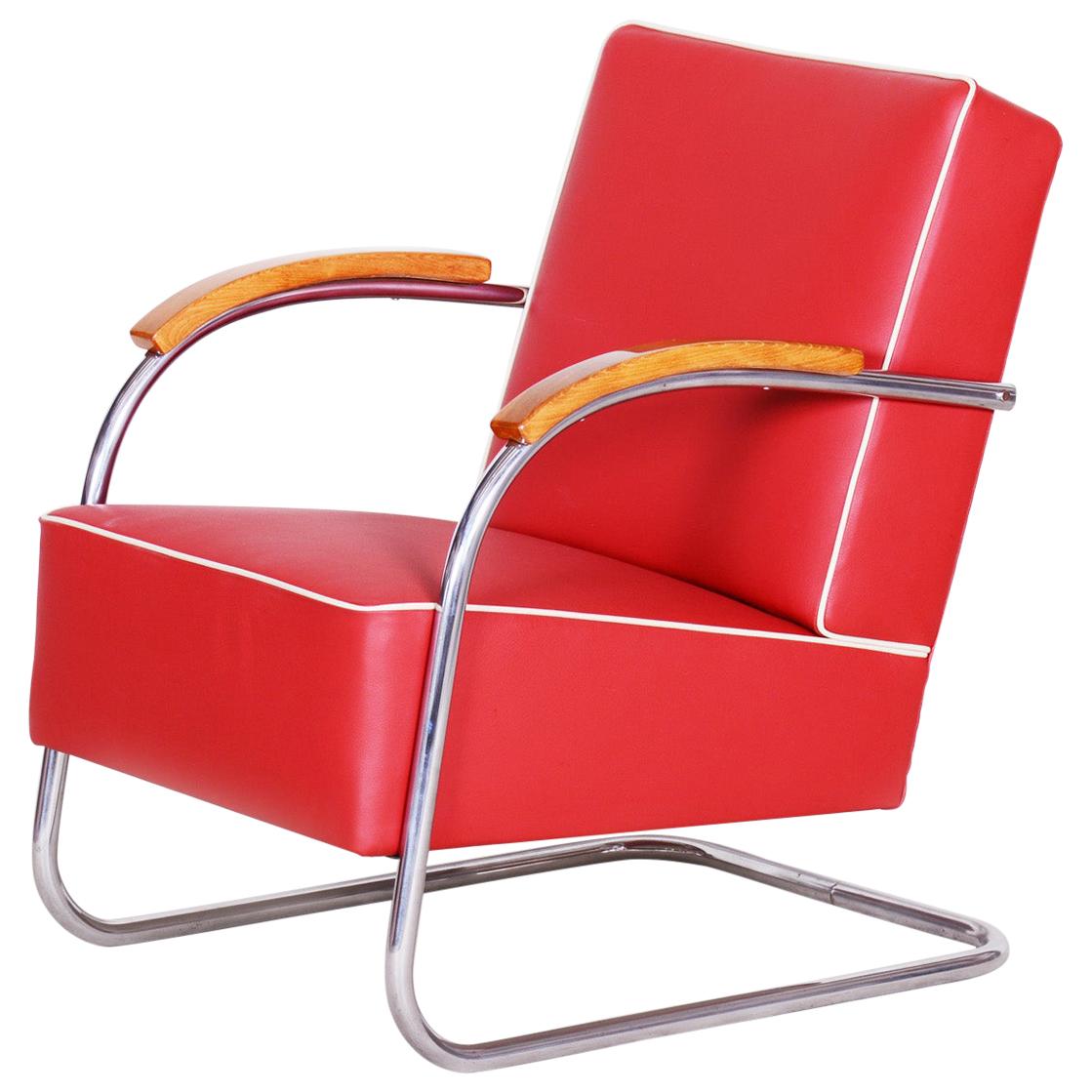 Red Tubular Steel Cantilever Chrome Armchair, High Quality Leather, 1930s For Sale
