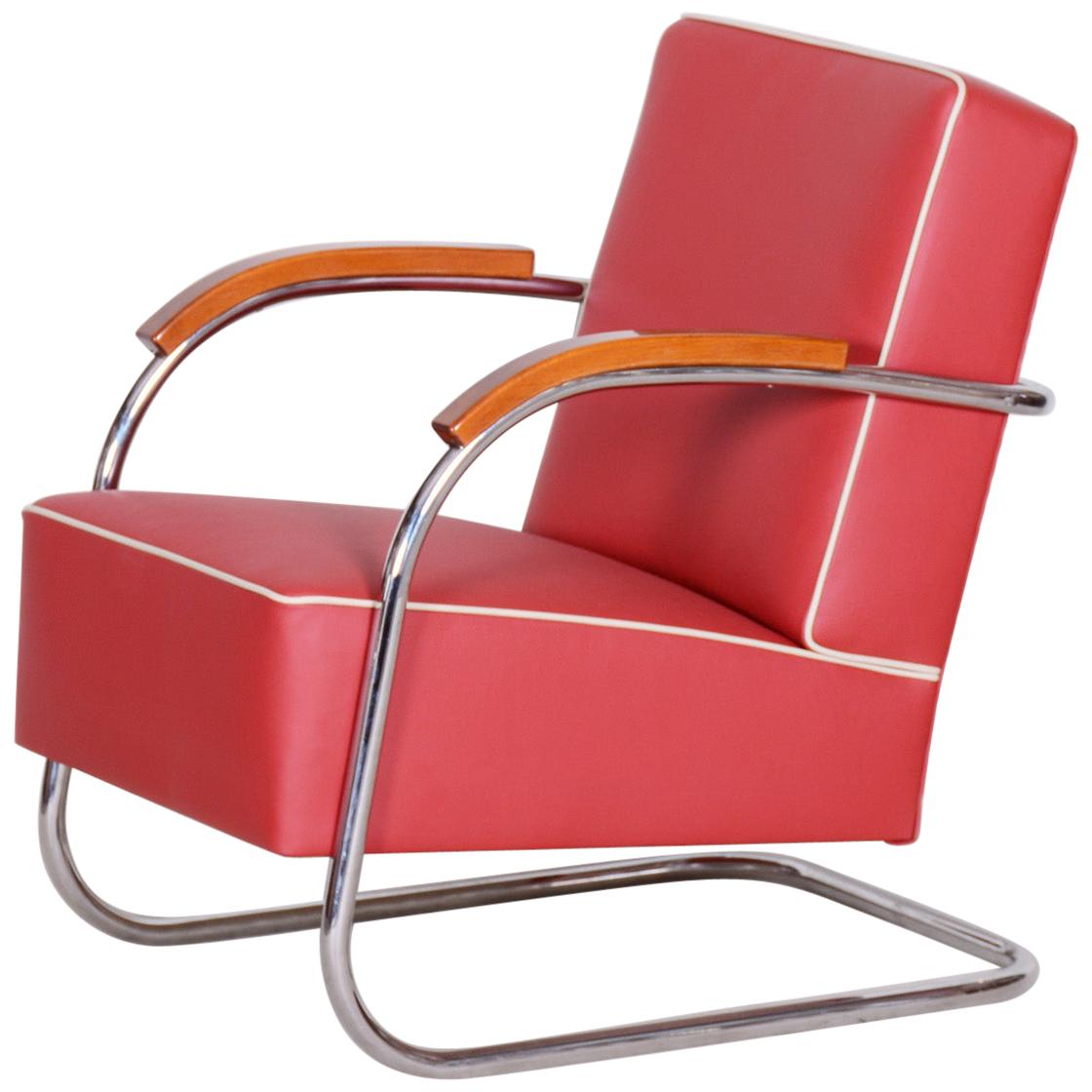 Red Tubular Steel Cantilever Chrome Armchair, High Quality Leather, 1930s