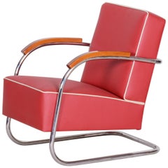 Used Red Tubular Steel Cantilever Chrome Armchair, High Quality Leather, 1930s