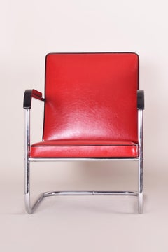 Red Tubular Thonet Armchair by Anton Lorenz, New Leather Upholstery, 1930s
