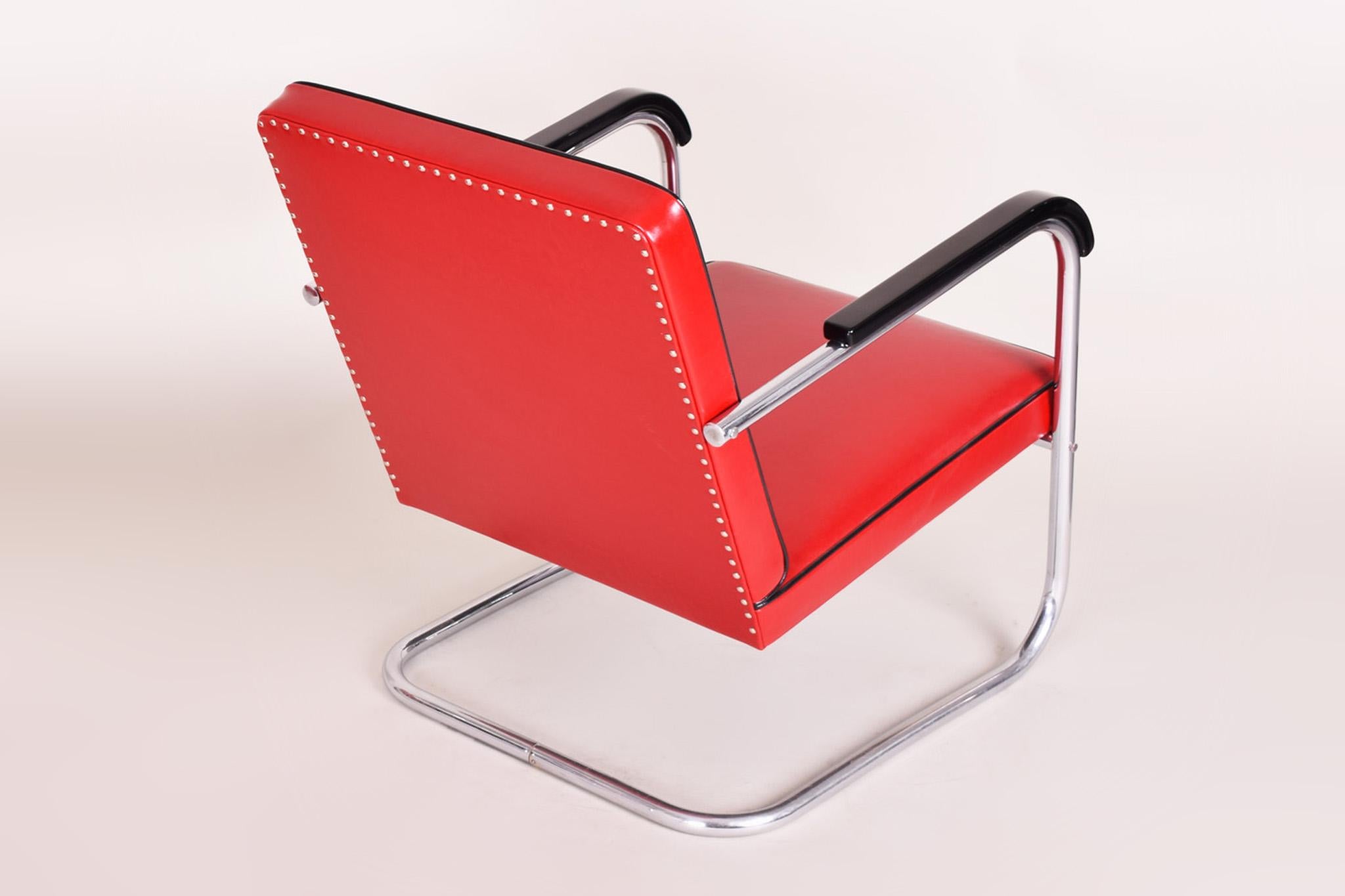 Bauhaus Red Tubular Thonet Armchair by Anton Lorenz, New Leather Upholstery, 1930s For Sale