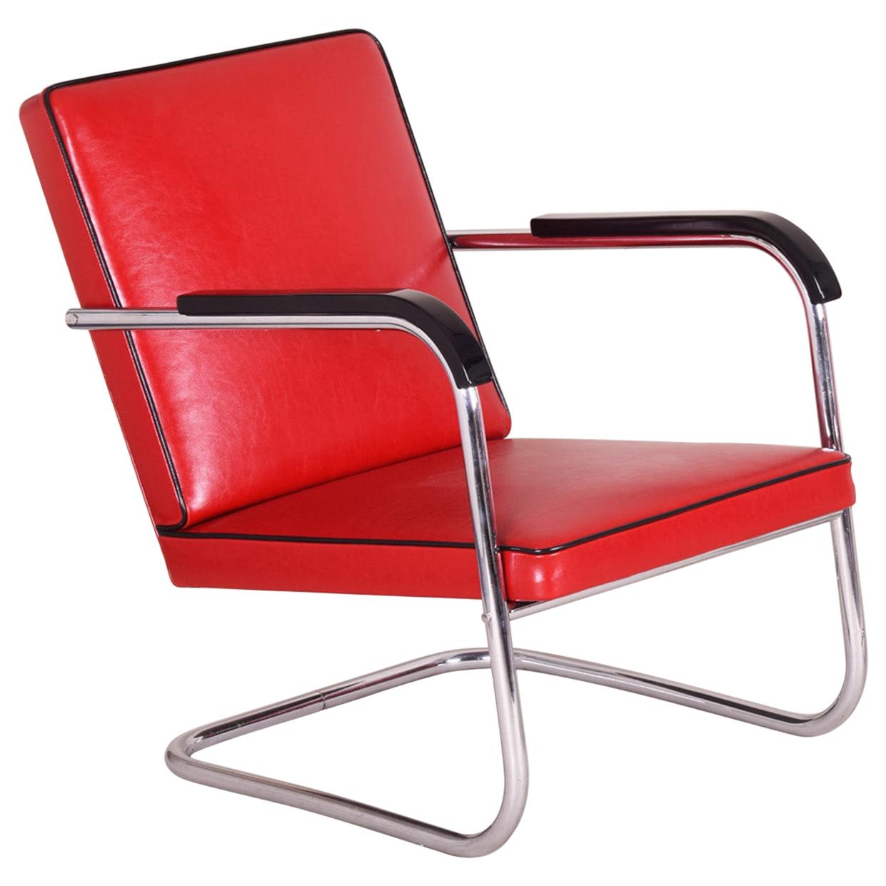 Red Tubular Thonet Armchair by Anton Lorenz, New Leather Upholstery, 1930s