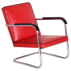 Antique Red Tubular Thonet Armchair by Anton Lorenz, New Leather Upholstery, 1930s