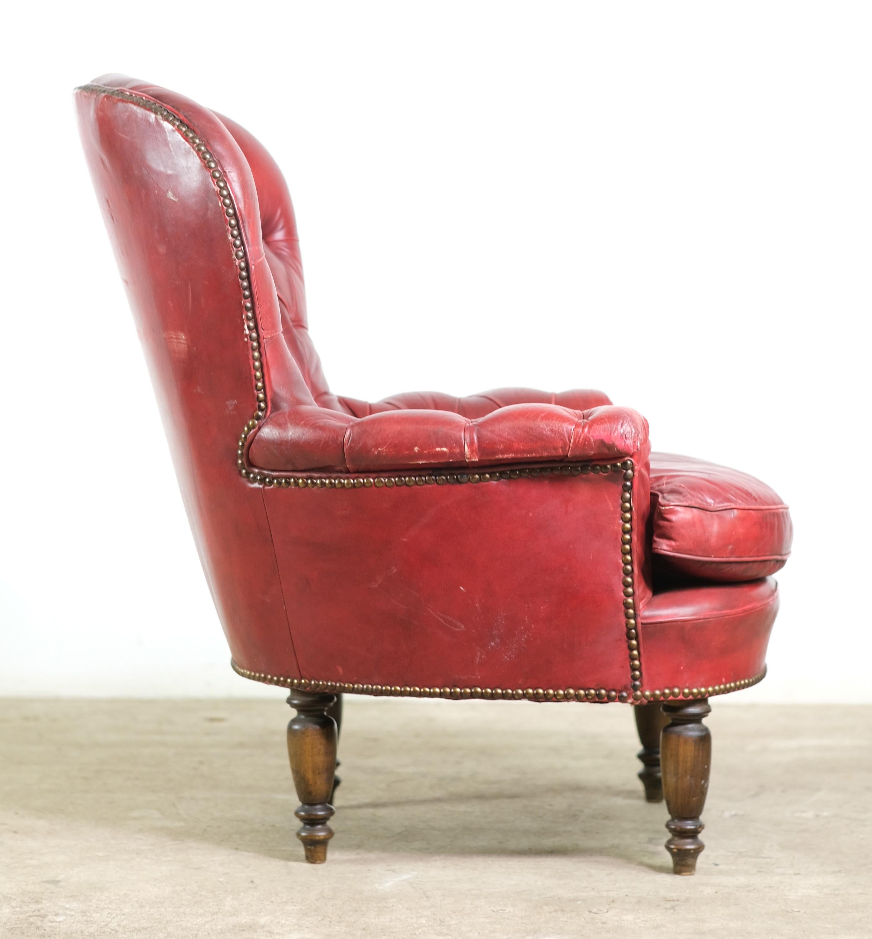 Red Tufted Leather Club Chair Turned Wood Legs Dark Stain 1
