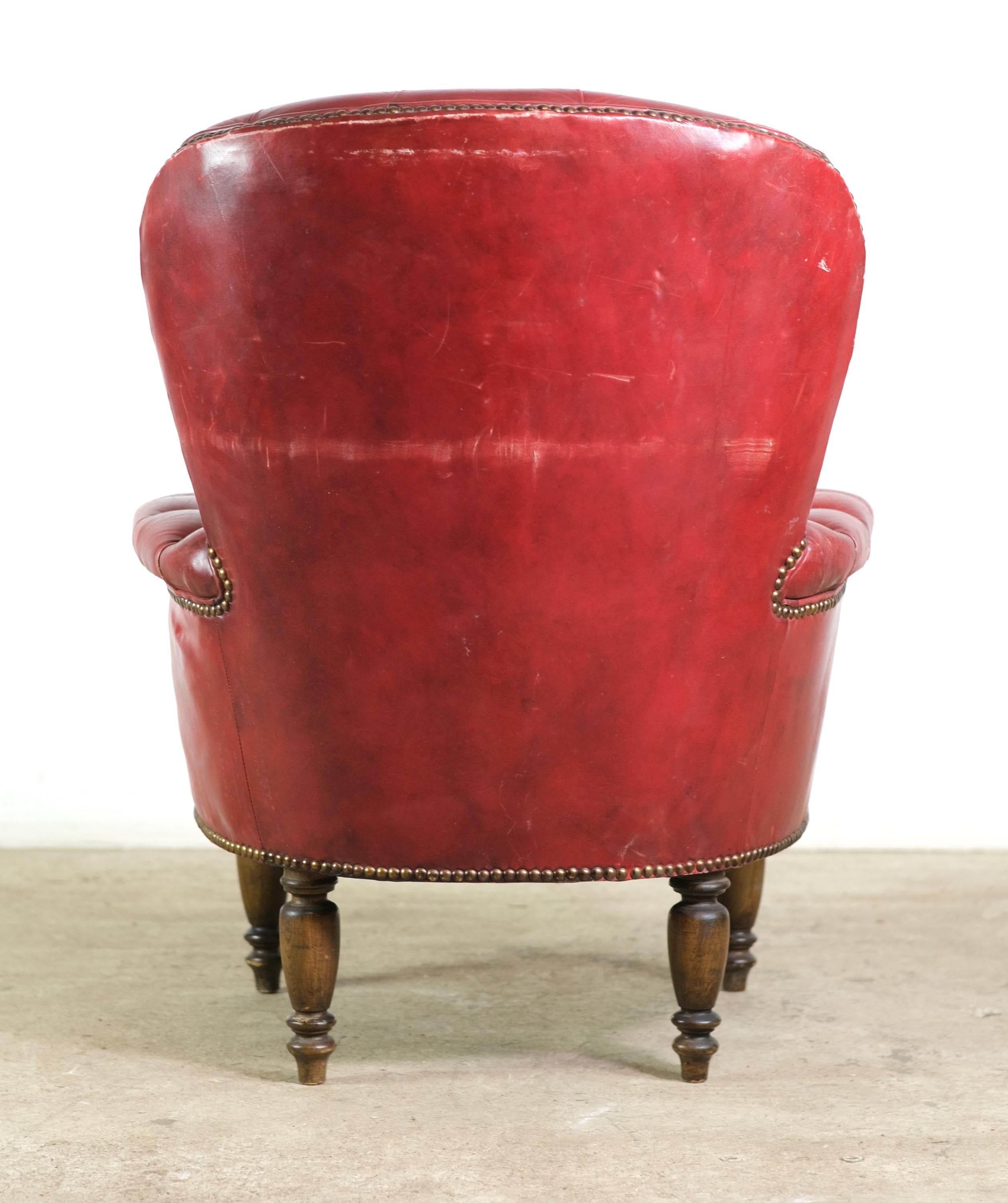 Red Tufted Leather Club Chair Turned Wood Legs Dark Stain 3