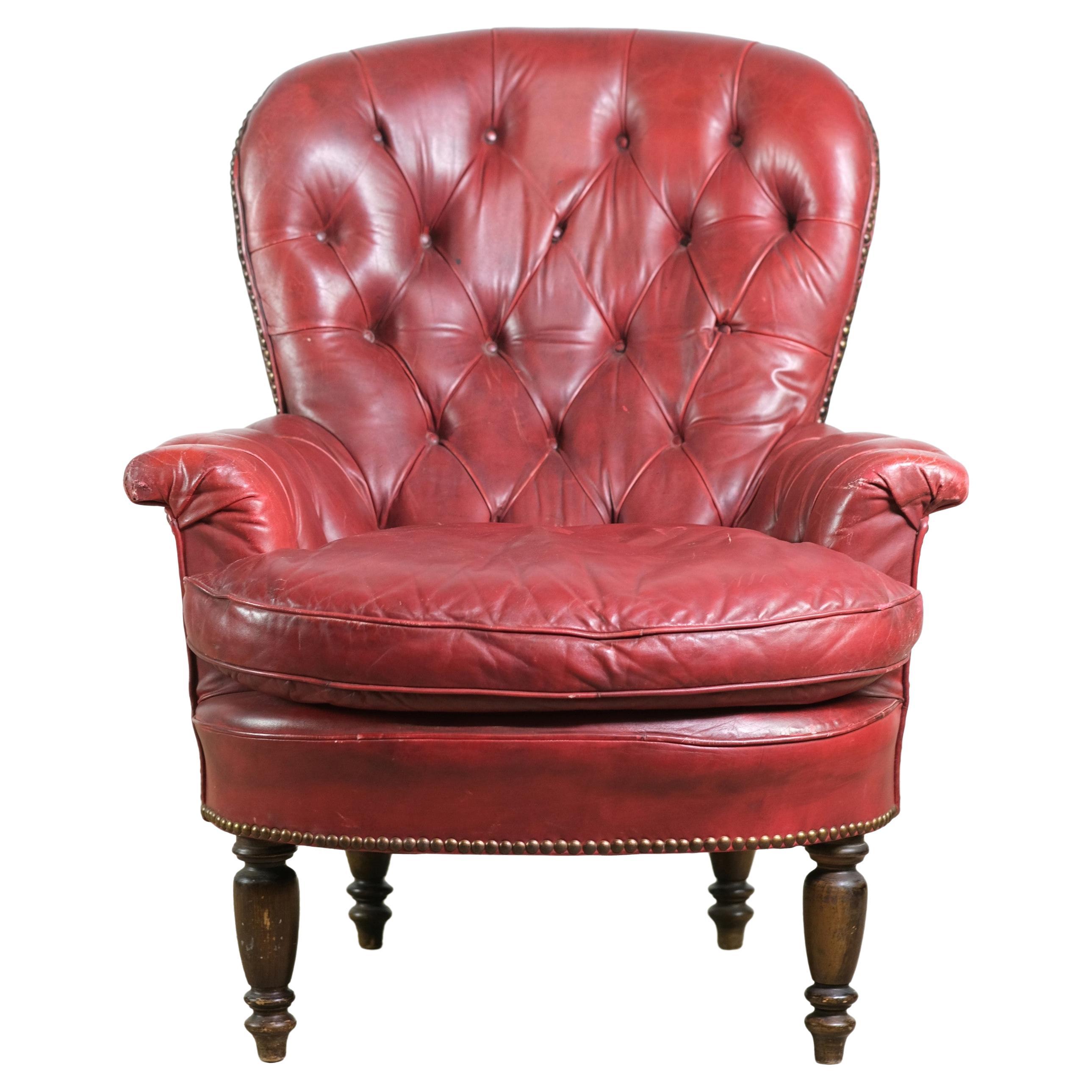 Red Tufted Leather Club Chair Turned Wood Legs Dark Stain