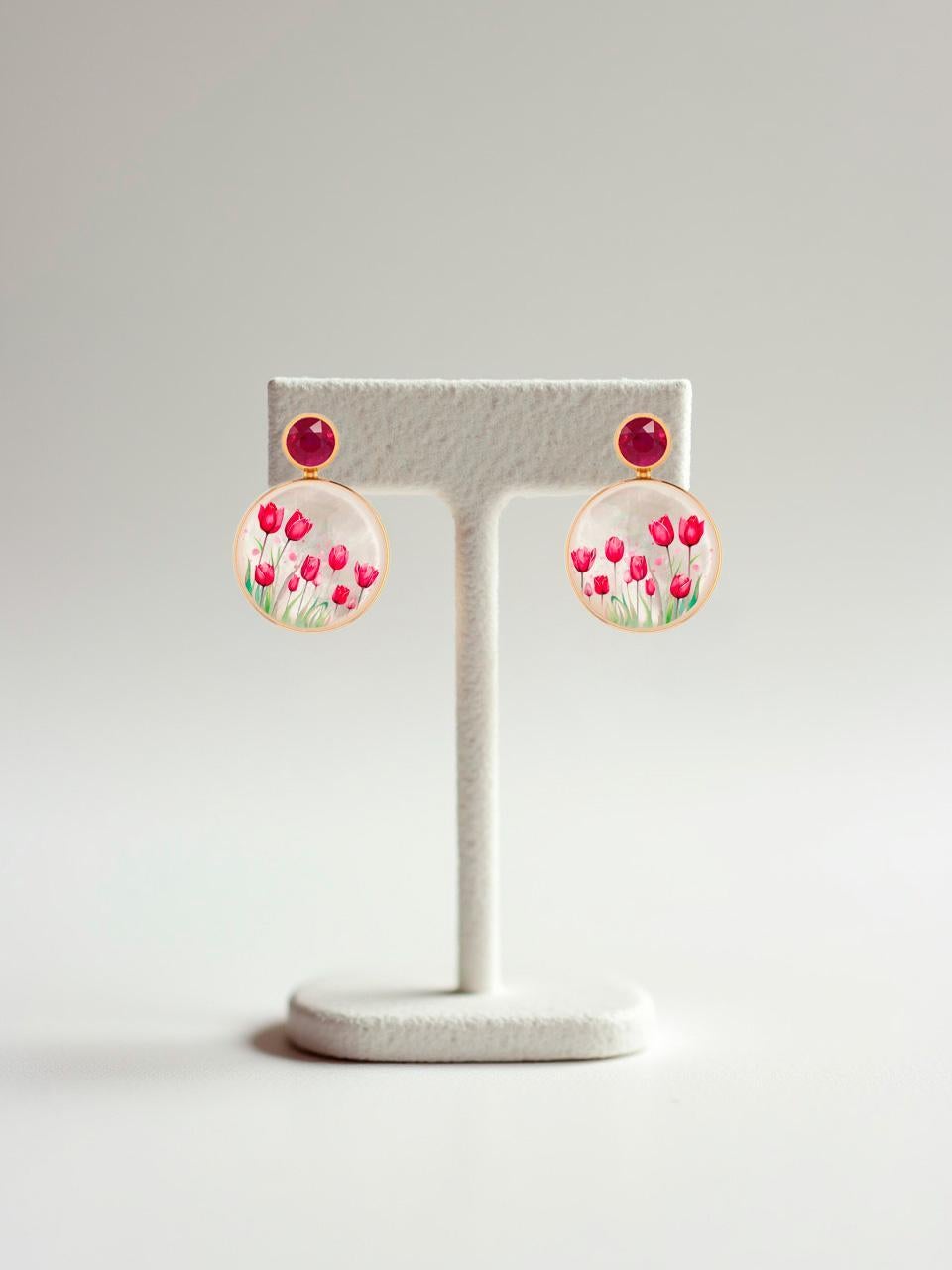 Red Tulip fields Earrings Studs with ruby and Mother of pearl. Mother Of Pearl Shell Stud Earrings with ruby, tulip flower  Flower Shell Earrings with ruby. Beach Wedding bridal stud earrings Mother of pearl beach earrings. Shell paint earrings.