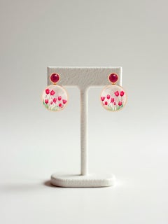 Red Tulip flower fields Earrings Studs with rubies and Mother of pearl.
