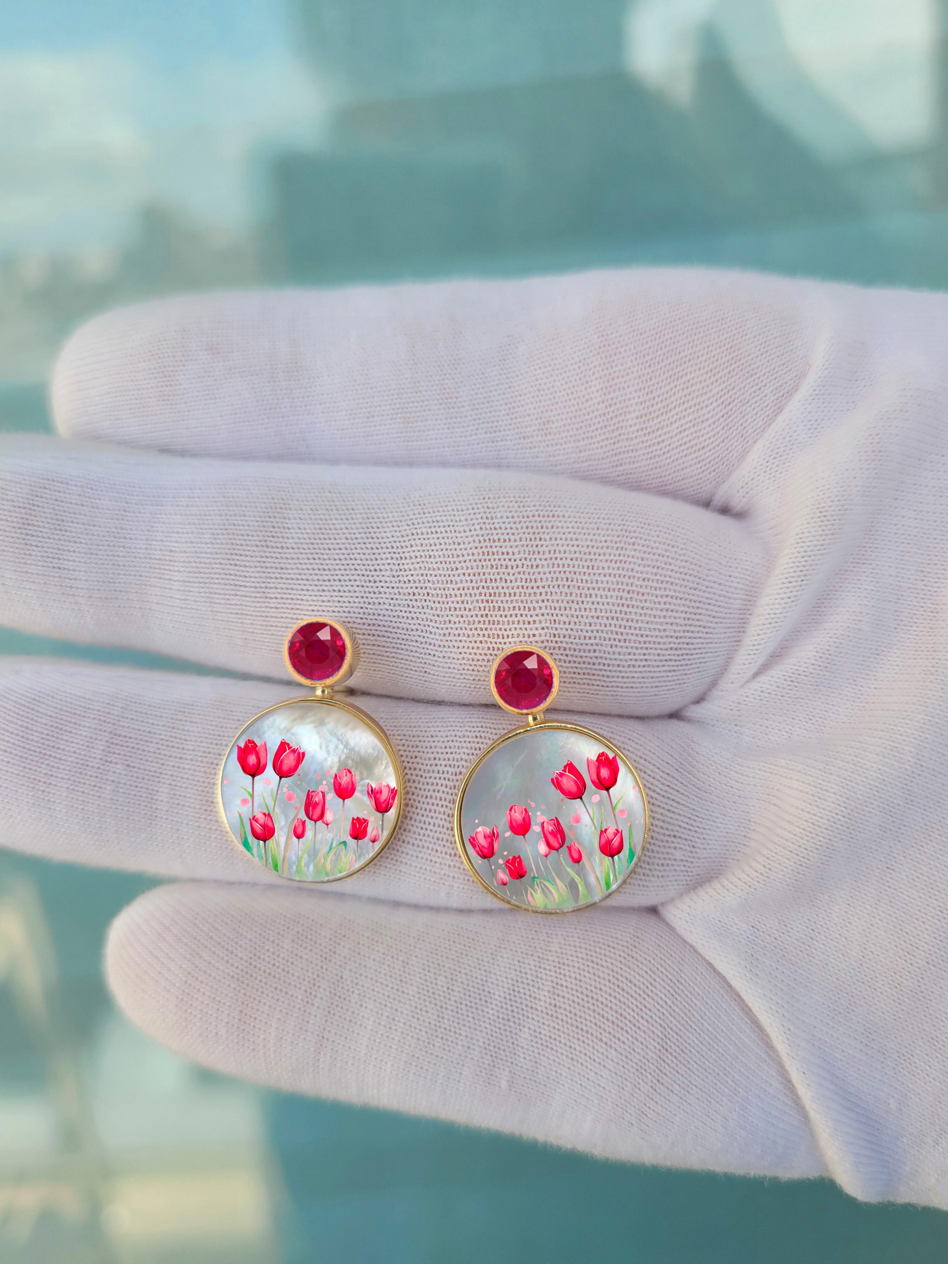 Women's or Men's Red Tulip flower fields Earrings Studs with rubies and Mother of pearl. For Sale
