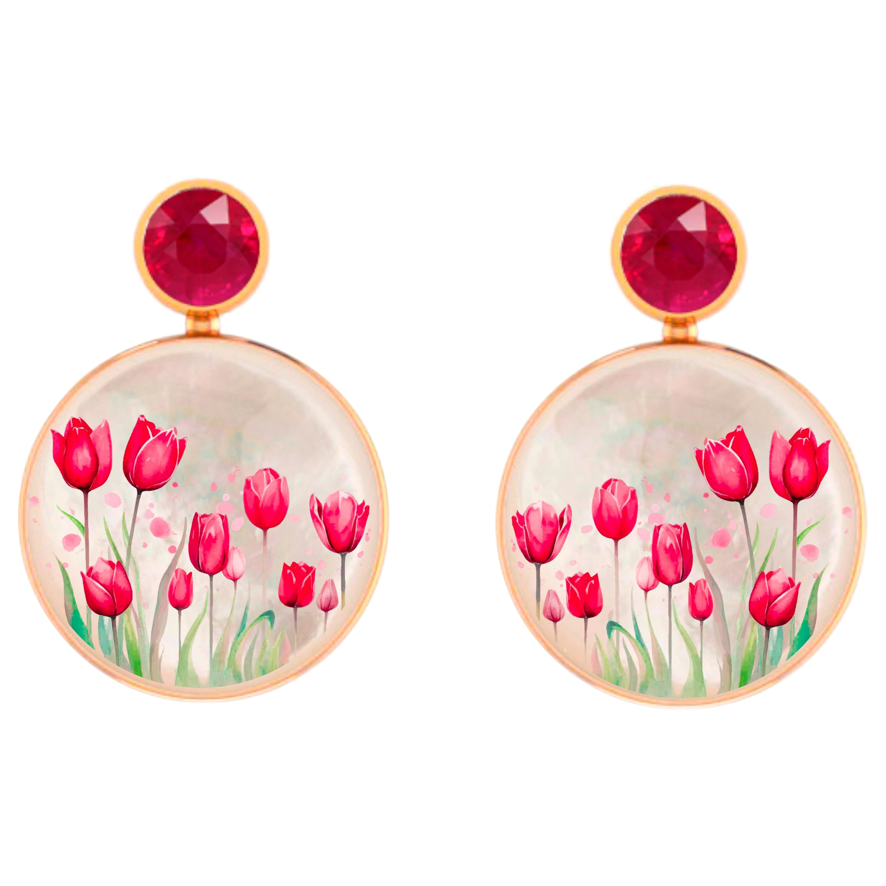 Red Tulip flower fields Earrings Studs with rubies and Mother of pearl. For Sale