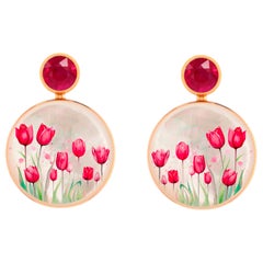 Red Tulip flower fields Earrings Studs with rubies and Mother of pearl.