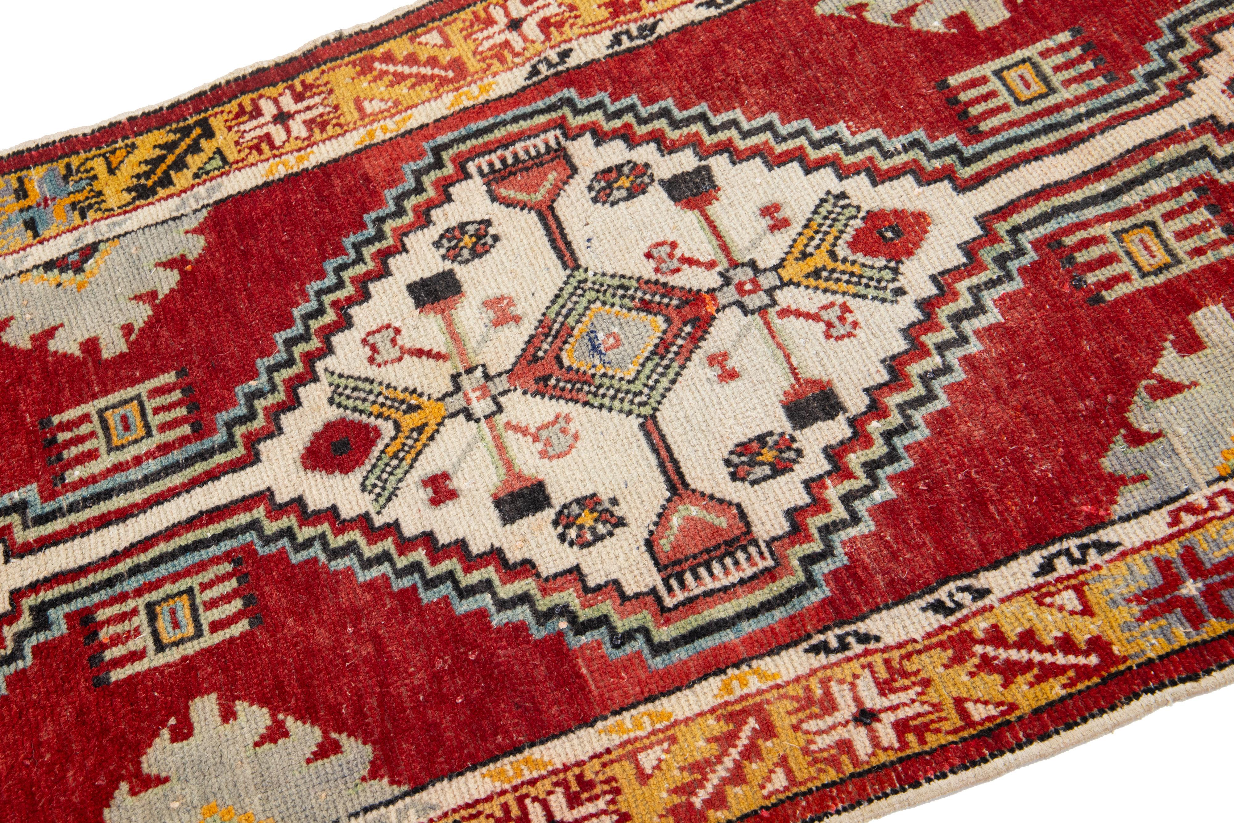 Mid-Century Modern Red Turkish Anatolian Wool Rug Handmade With Tribal Motif For Sale