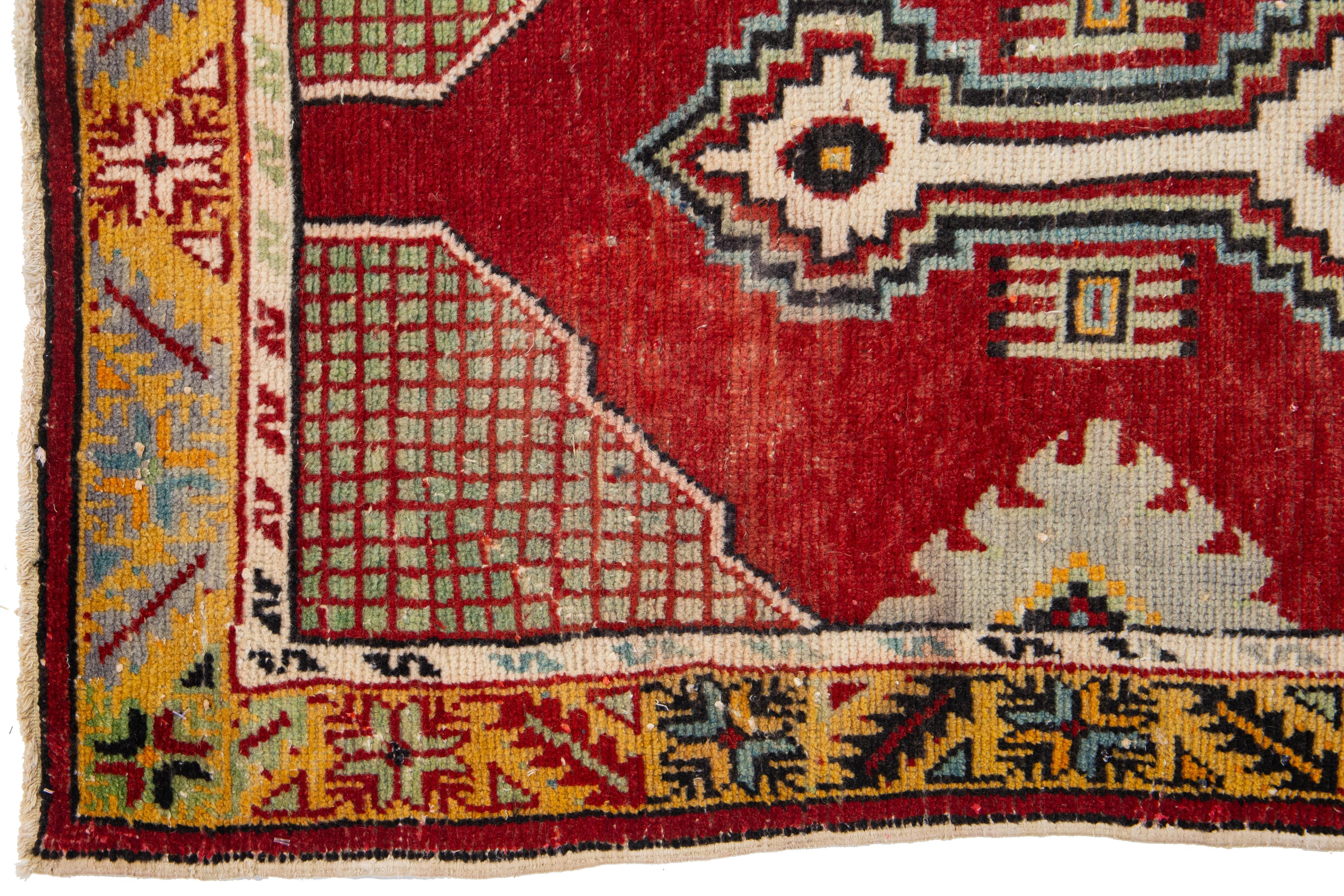Hand-Knotted Red Turkish Anatolian Wool Rug Handmade With Tribal Motif For Sale