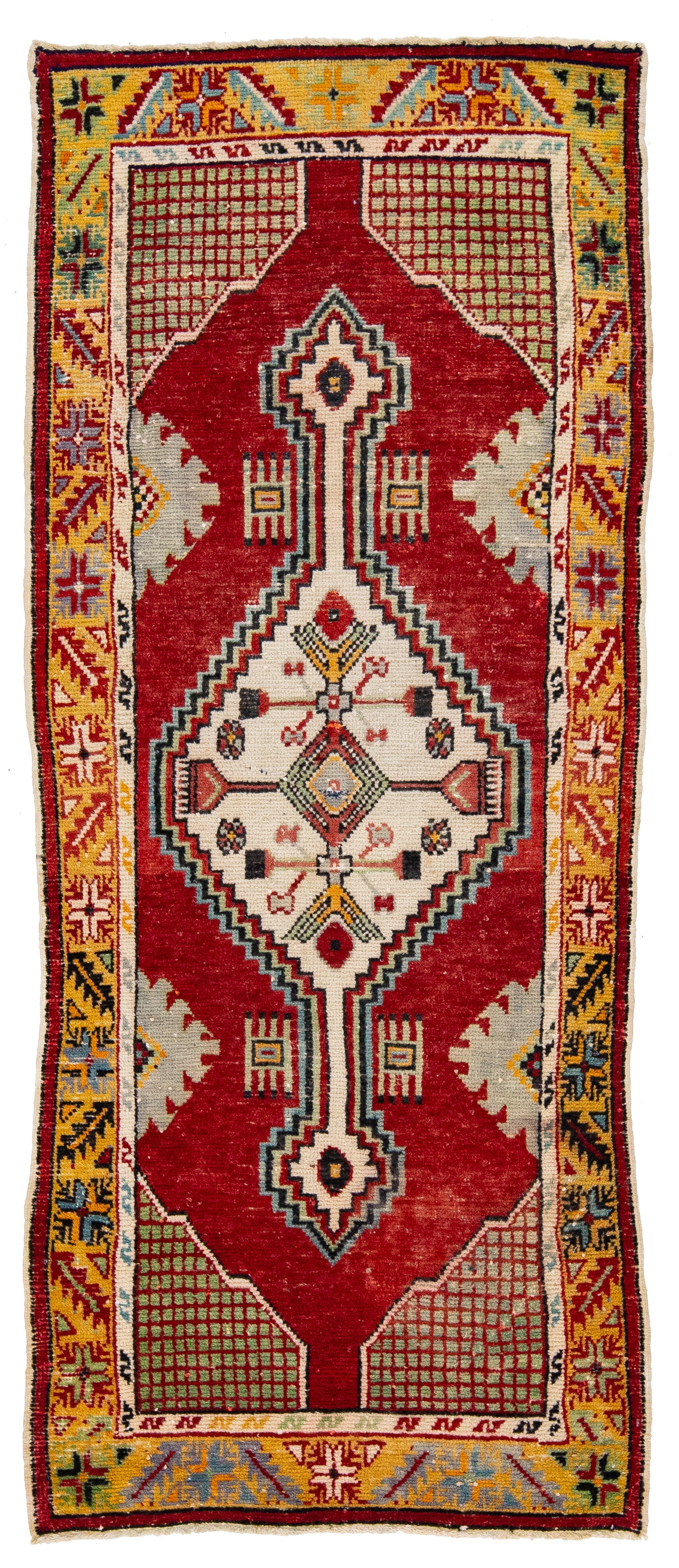 Red Turkish Anatolian Wool Rug Handmade With Tribal Motif For Sale