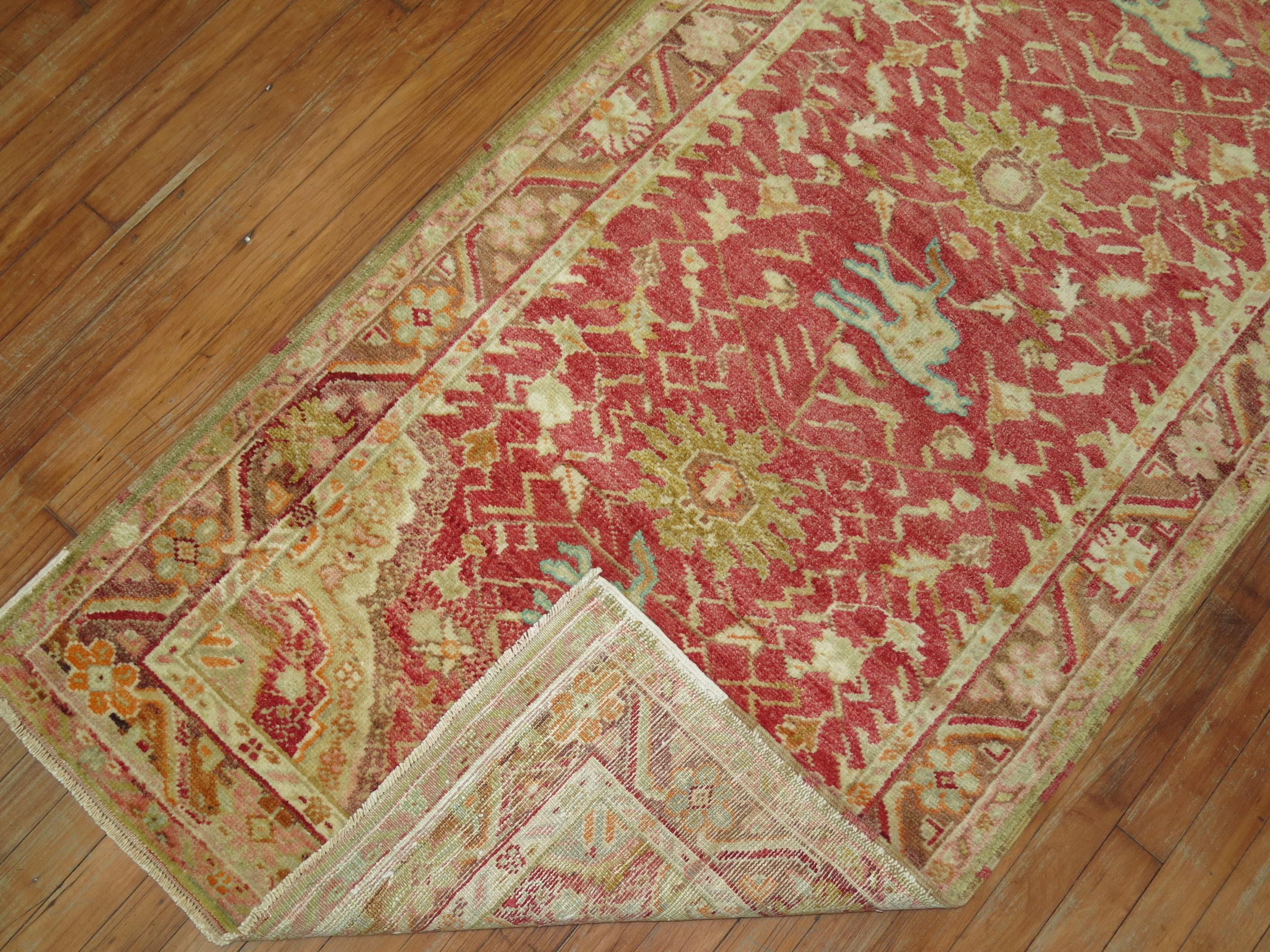 A decorative turkish runner with animals outlined in light blue floating around on a red field. 

Measures: 3' x 11'5''.