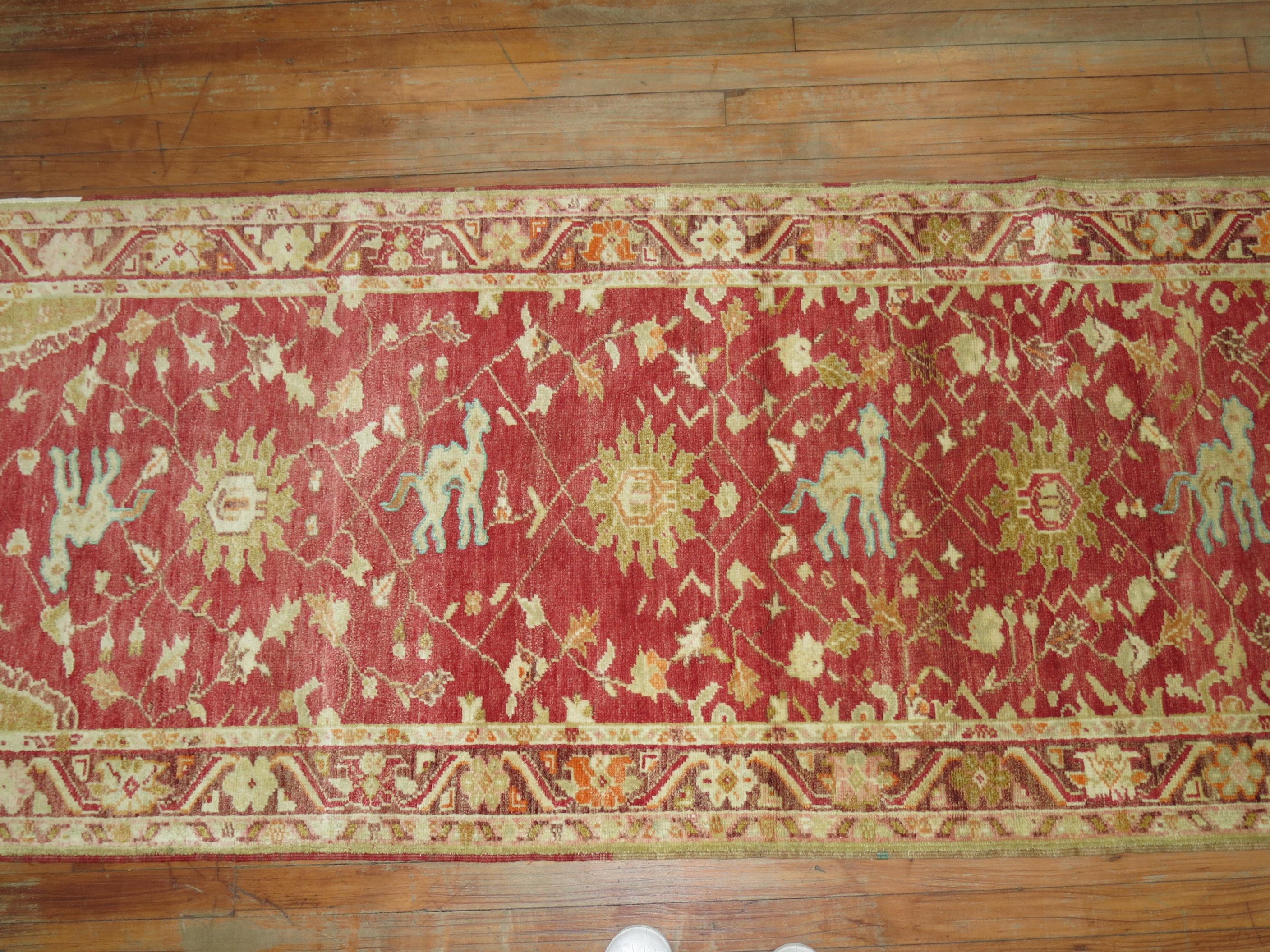 Hand-Woven Red Turkish Animal Pictorial DecorativeRunner For Sale