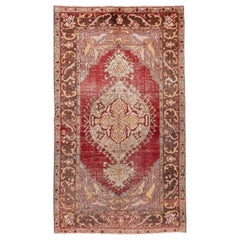 Retro Red Turkish Oushak Rug, Brown Borders