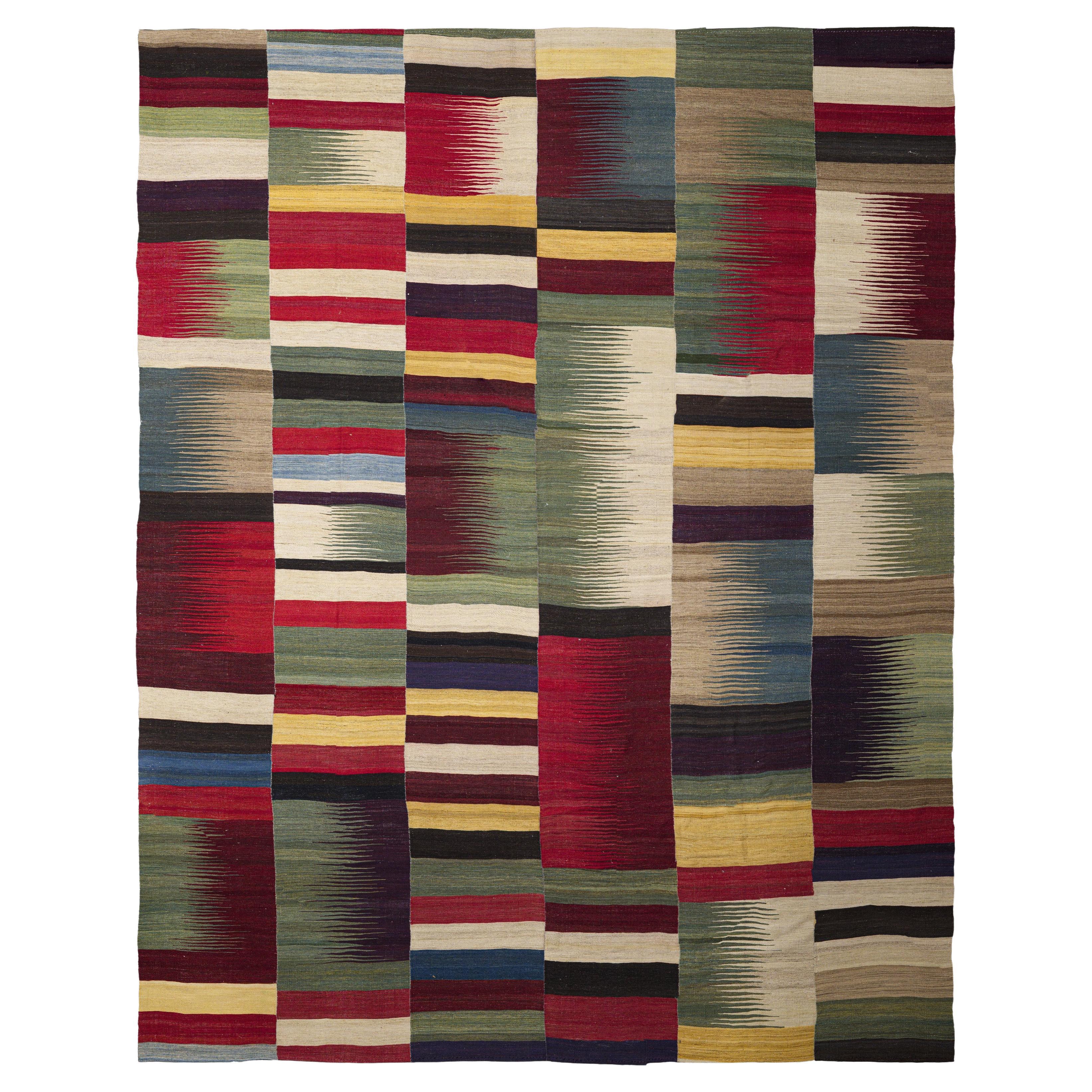 Red Turkish Wool Flatweave Rug 11 ft x 15 ft , Tangerine Geometry Weave For Sale