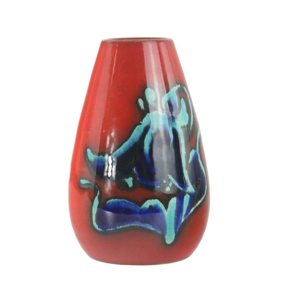German Red-Turquoise Abstract Glazed Ceramic Vase by Allgauer For Sale