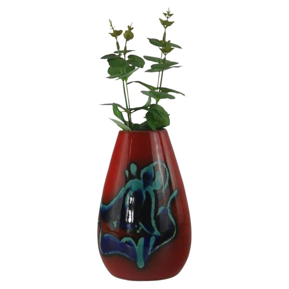 Red-Turquoise Abstract Glazed Ceramic Vase by Allgauer For Sale