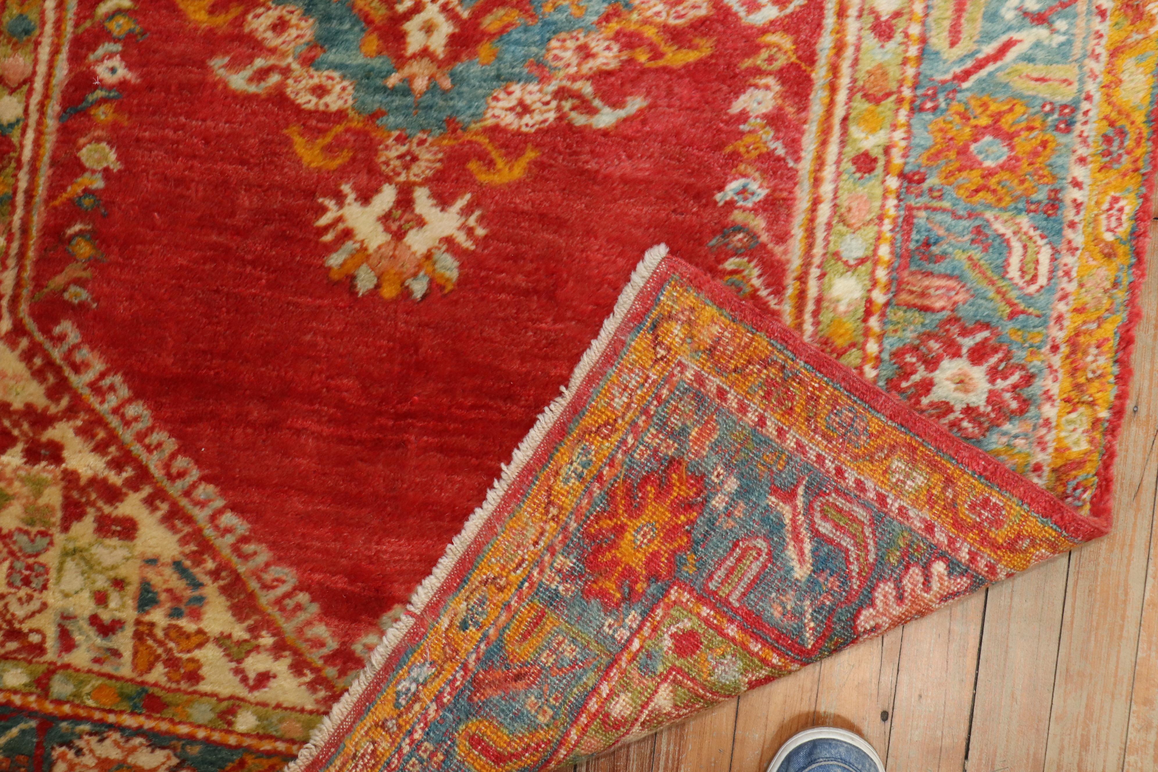 Hand-Woven Red Turquoise Angora Wool Antique Oushak Throw Rug
