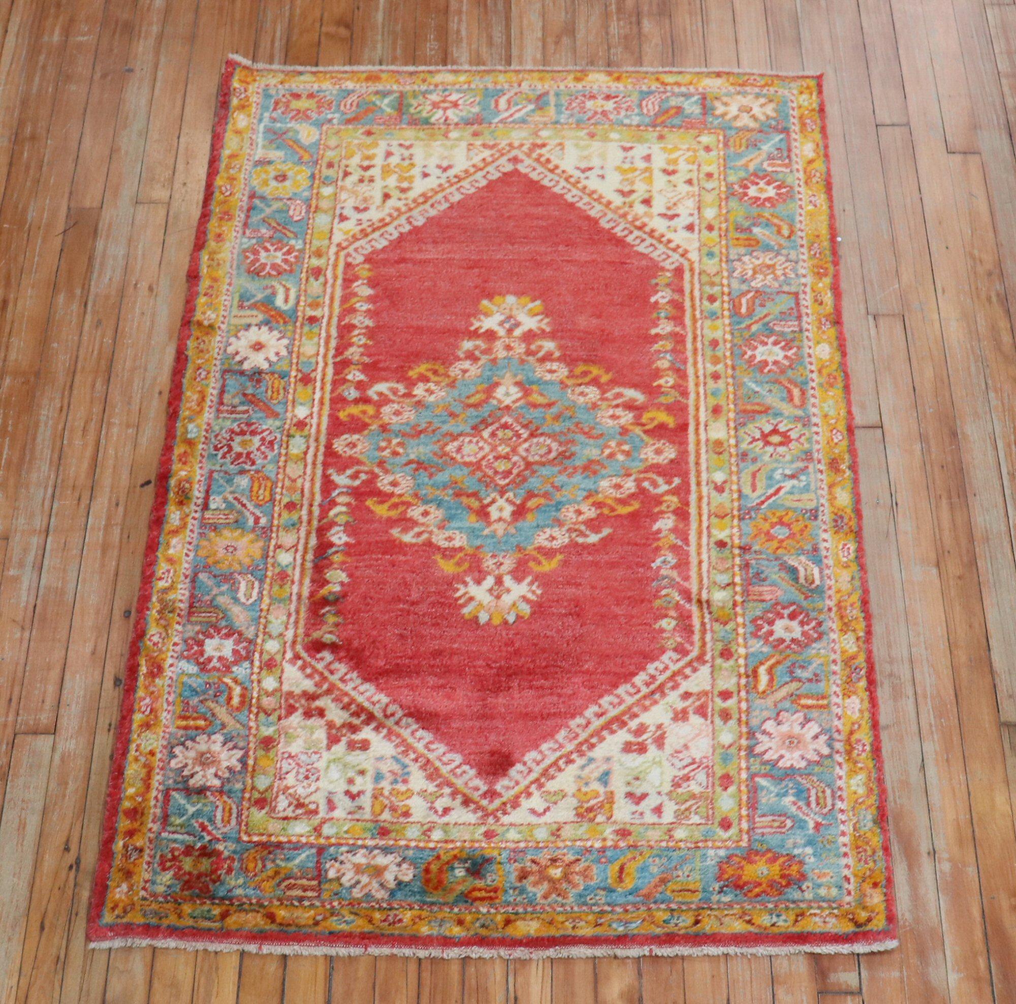 Red Turquoise Angora Wool Antique Oushak Throw Rug In Good Condition In New York, NY
