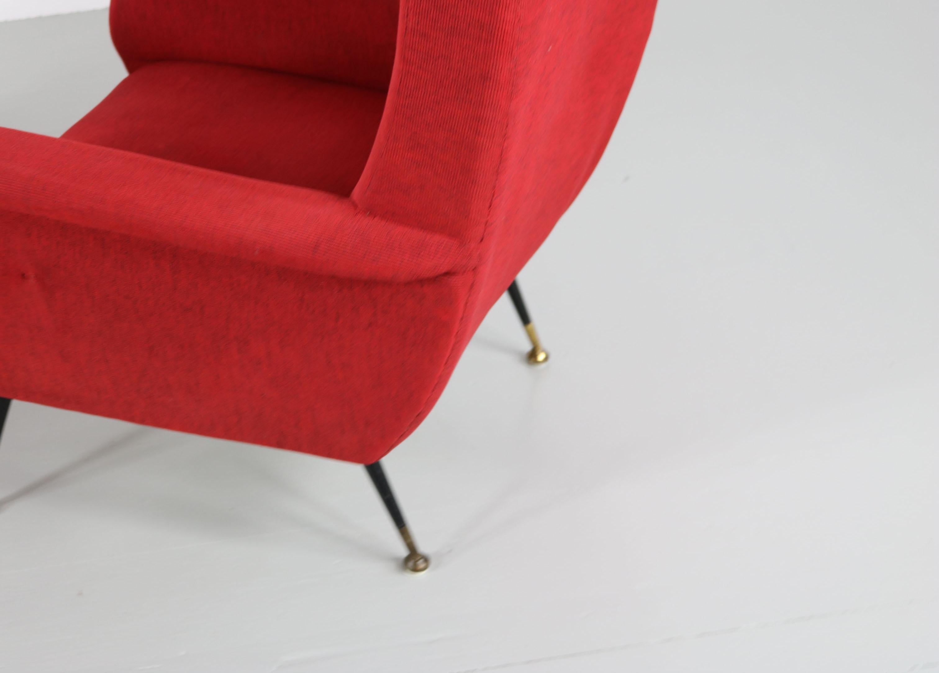 Red Upholstered Armchair with Metal Base, Brass Elements, 1950s For Sale 4