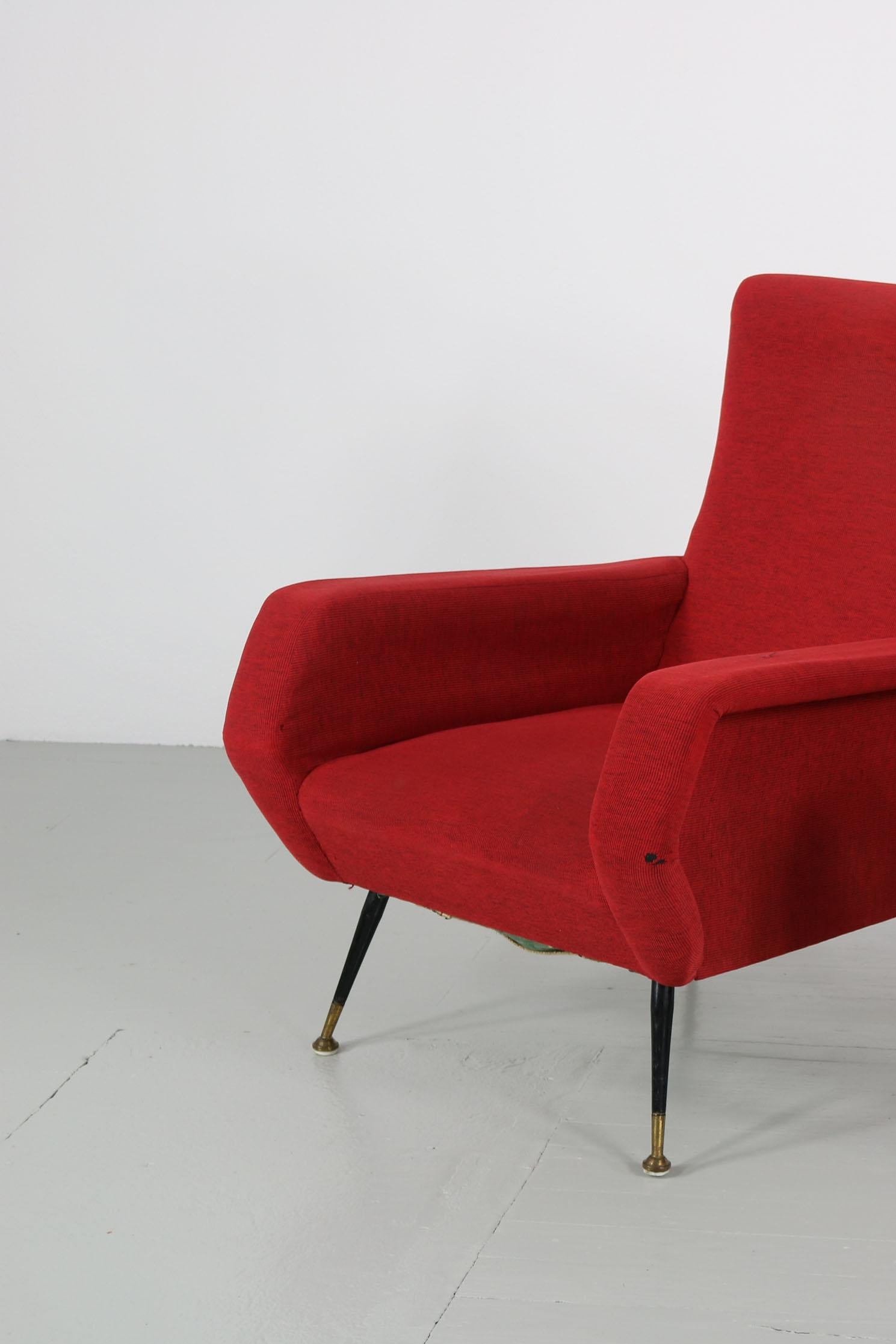 Red Upholstered Armchair with Metal Base, Brass Elements, 1950s For Sale 5