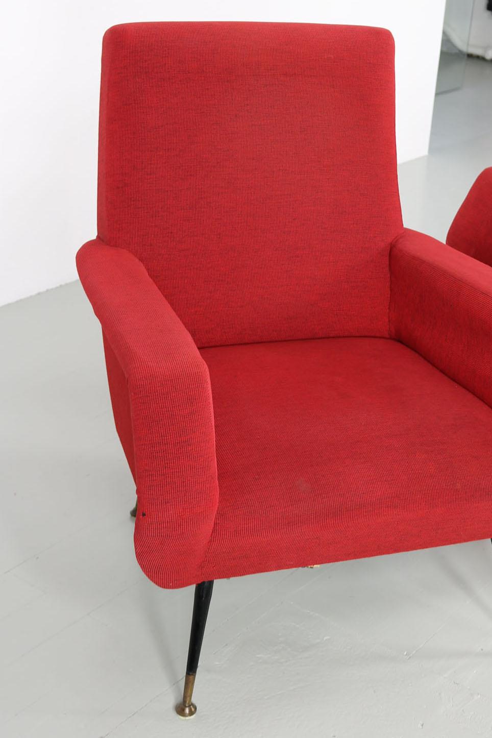 Red Upholstered Armchair with Metal Base, Brass Elements, 1950s For Sale 6