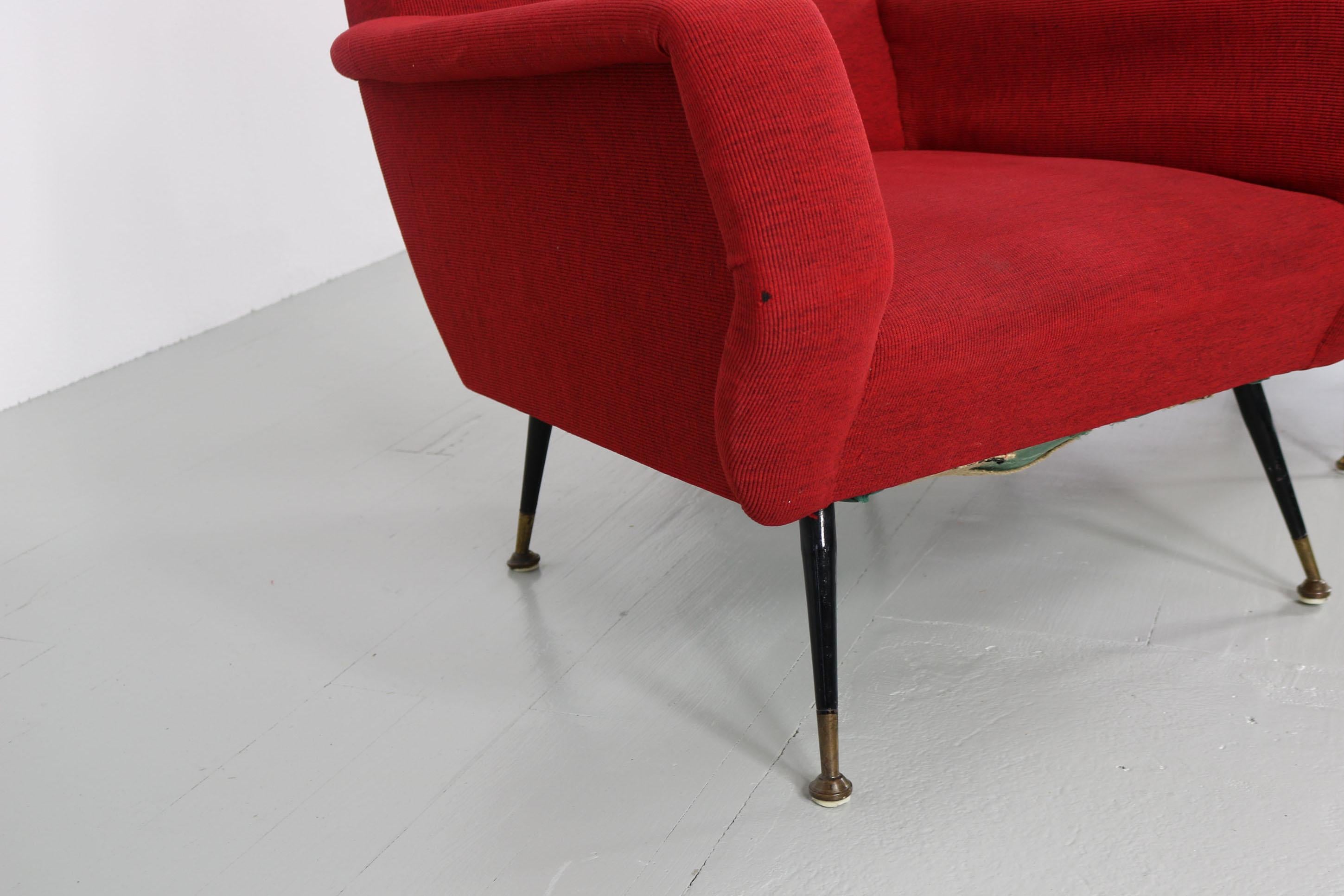 Red Upholstered Armchair with Metal Base, Brass Elements, 1950s For Sale 7