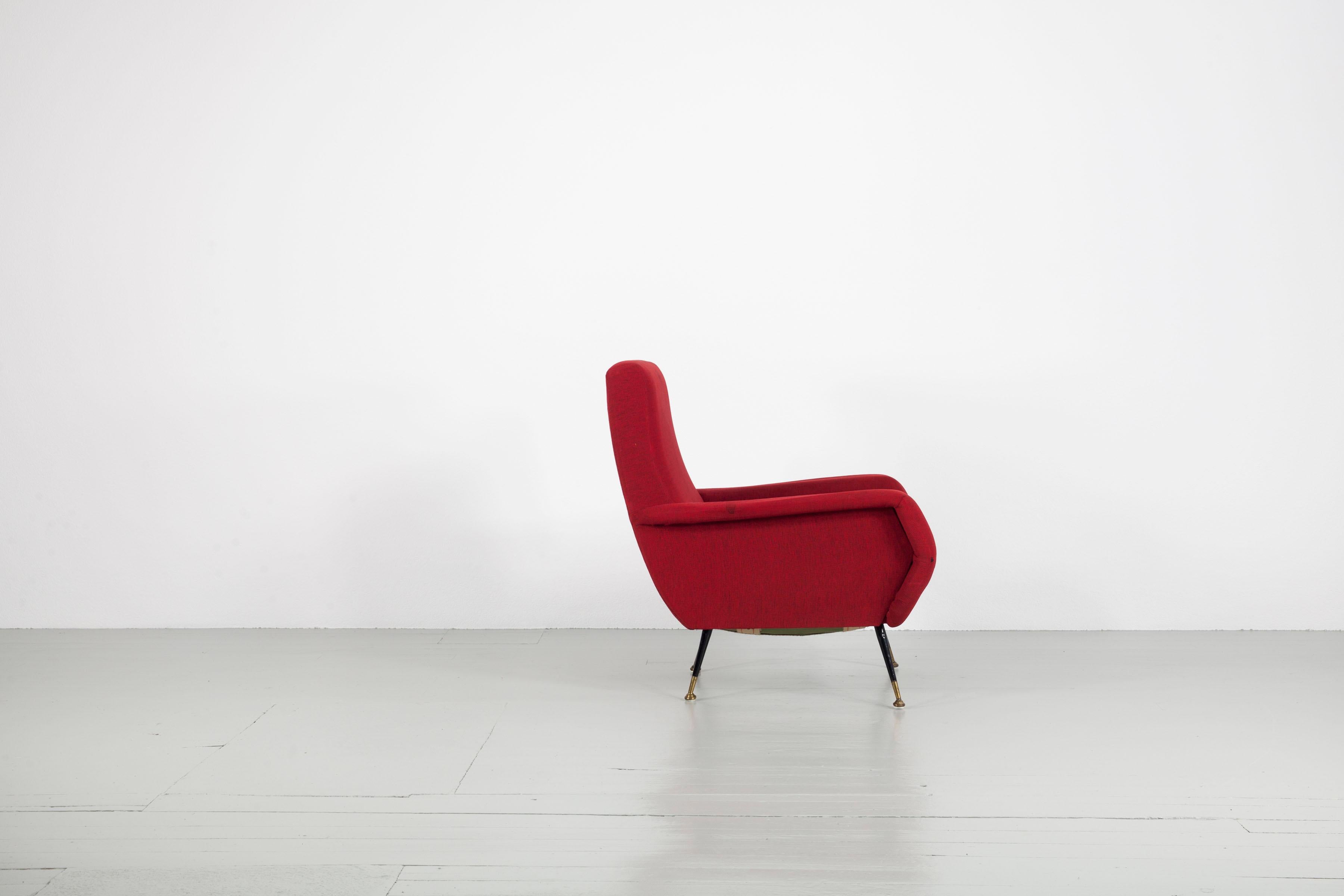 Italian Red Upholstered Armchair with Metal Base, Brass Elements, 1950s For Sale