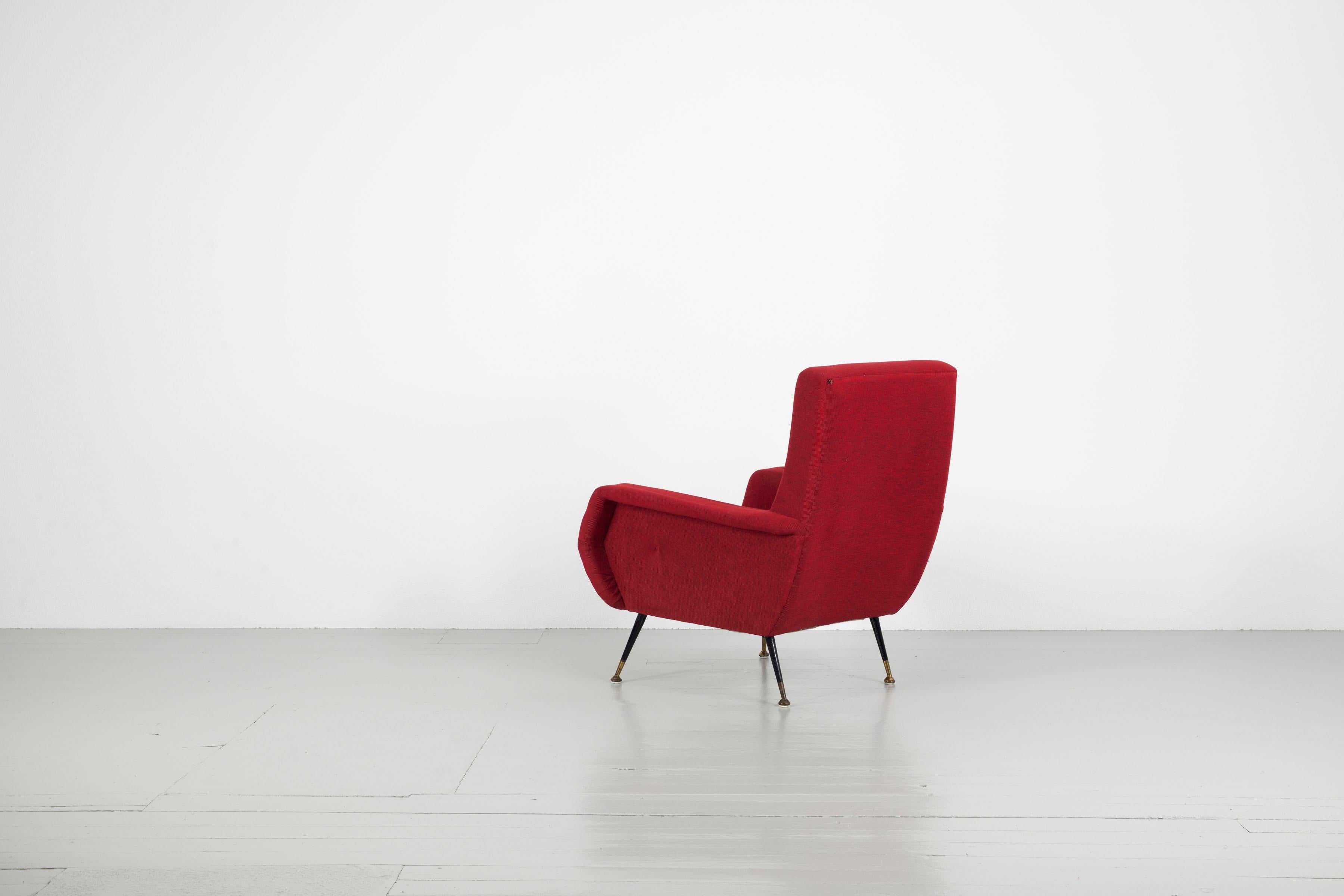 Red Upholstered Armchair with Metal Base, Brass Elements, 1950s For Sale 1