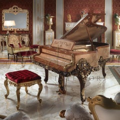 Red Upholstered Ottoman with Baroque Antiqued Gold Base by Modenese Luxury