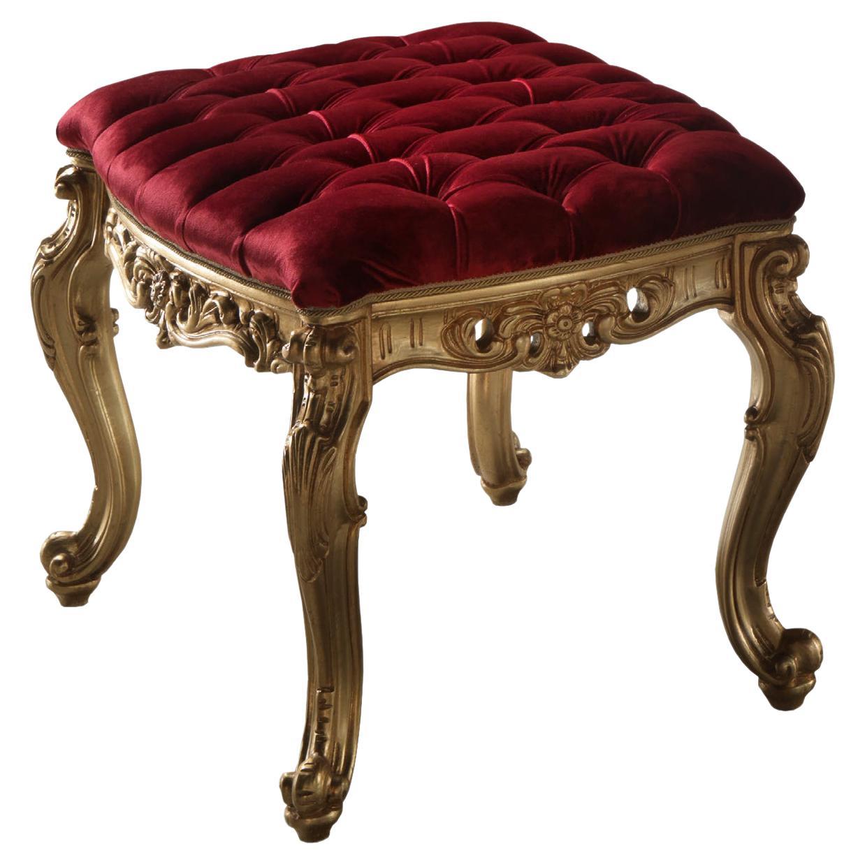 Red Upholstered Ottoman with Baroque Antiqued Gold Base by Modenese Luxury For Sale