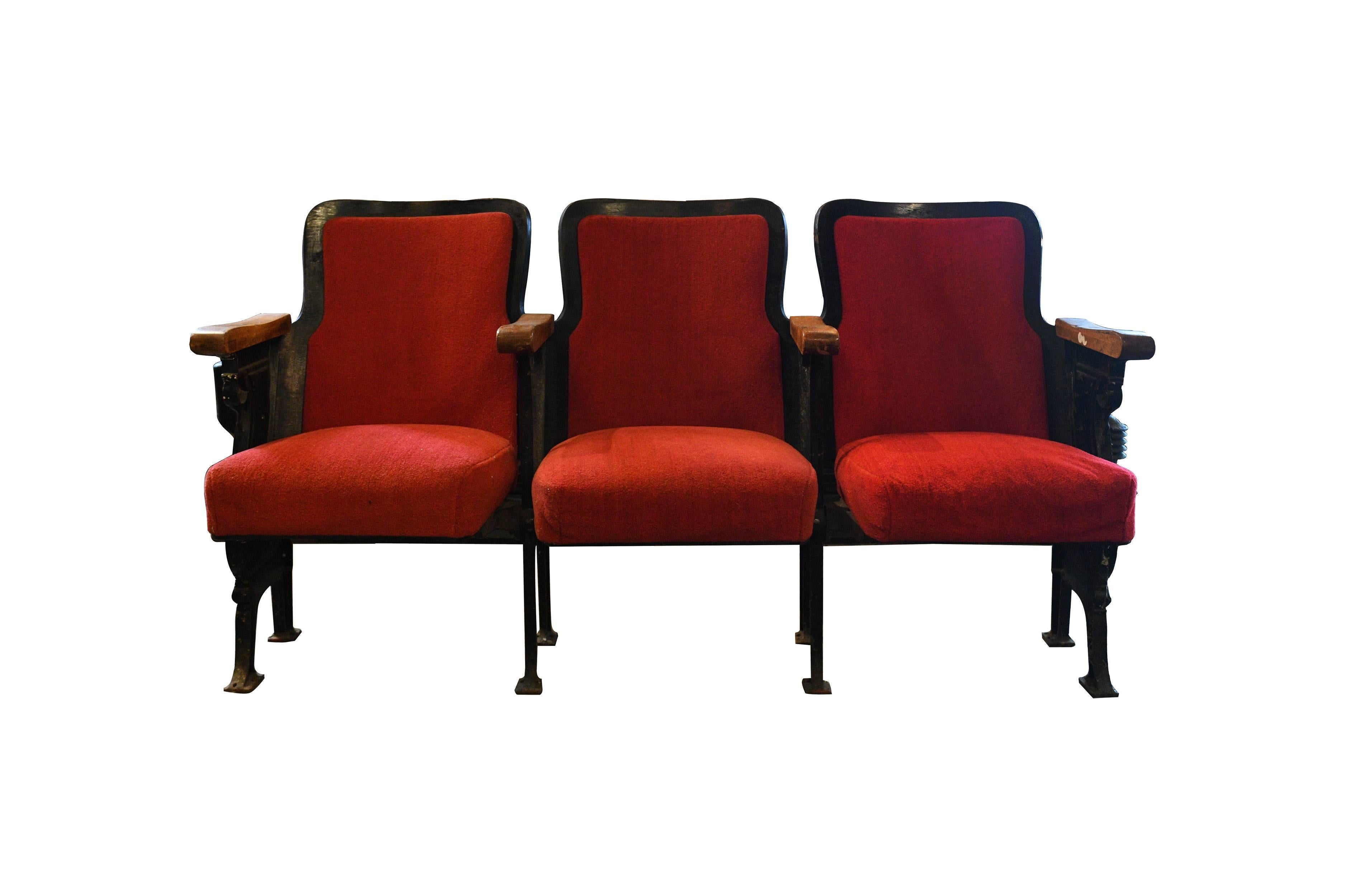 A set of three upholstered theater seats that are great for creative use in residential or commercial space. They are much more comfortable than traditional wood seating, while keeping their class and style. If you are intrigued by the classy and