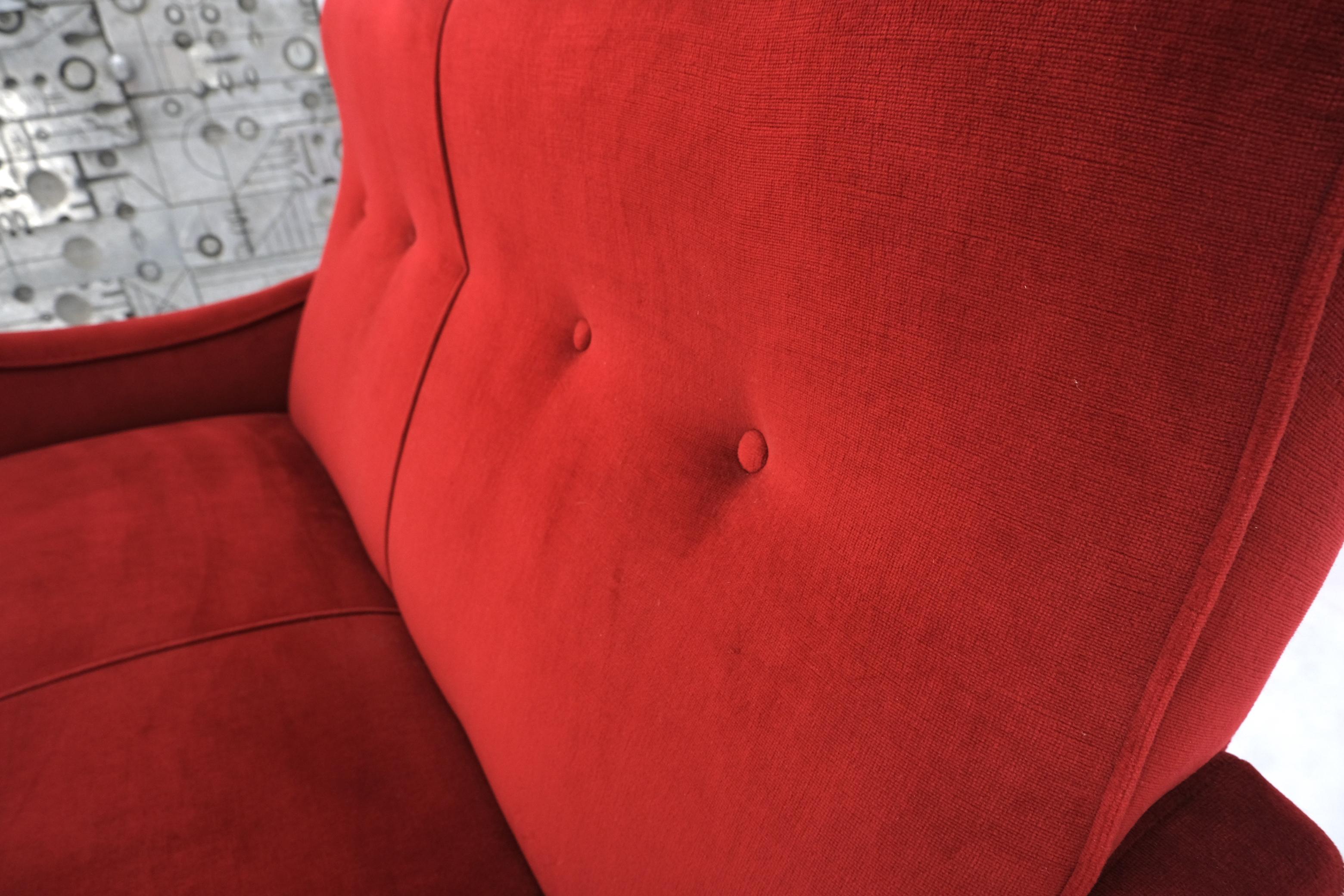 Red Upholstery Brass Legs Mid century Italian Modern Sofa Loveseat For Sale 4