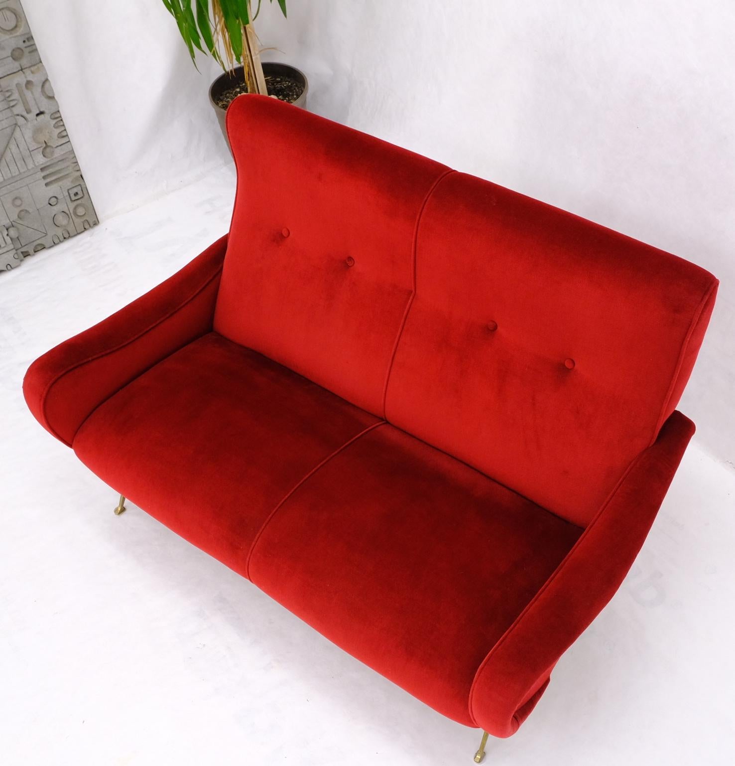Mid-Century Modern Red Upholstery Brass Legs Mid century Italian Modern Sofa Loveseat For Sale