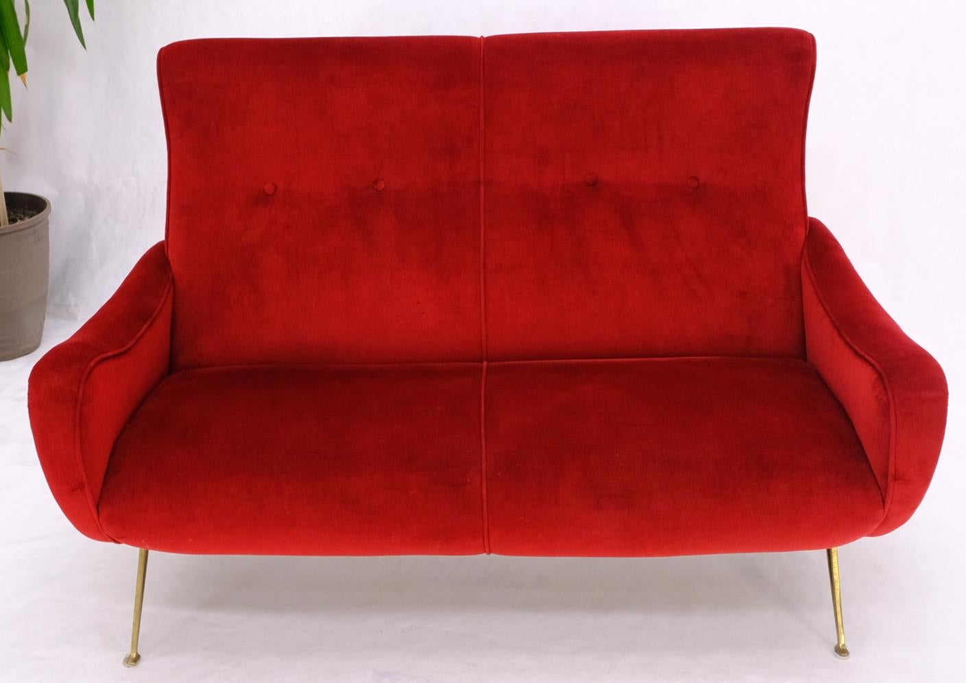20th Century Red Upholstery Brass Legs Mid century Italian Modern Sofa Loveseat For Sale