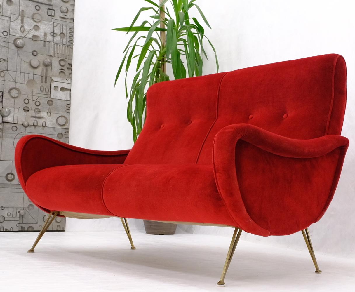 Red Upholstery Brass Legs Mid century Italian Modern Sofa Loveseat For Sale 2