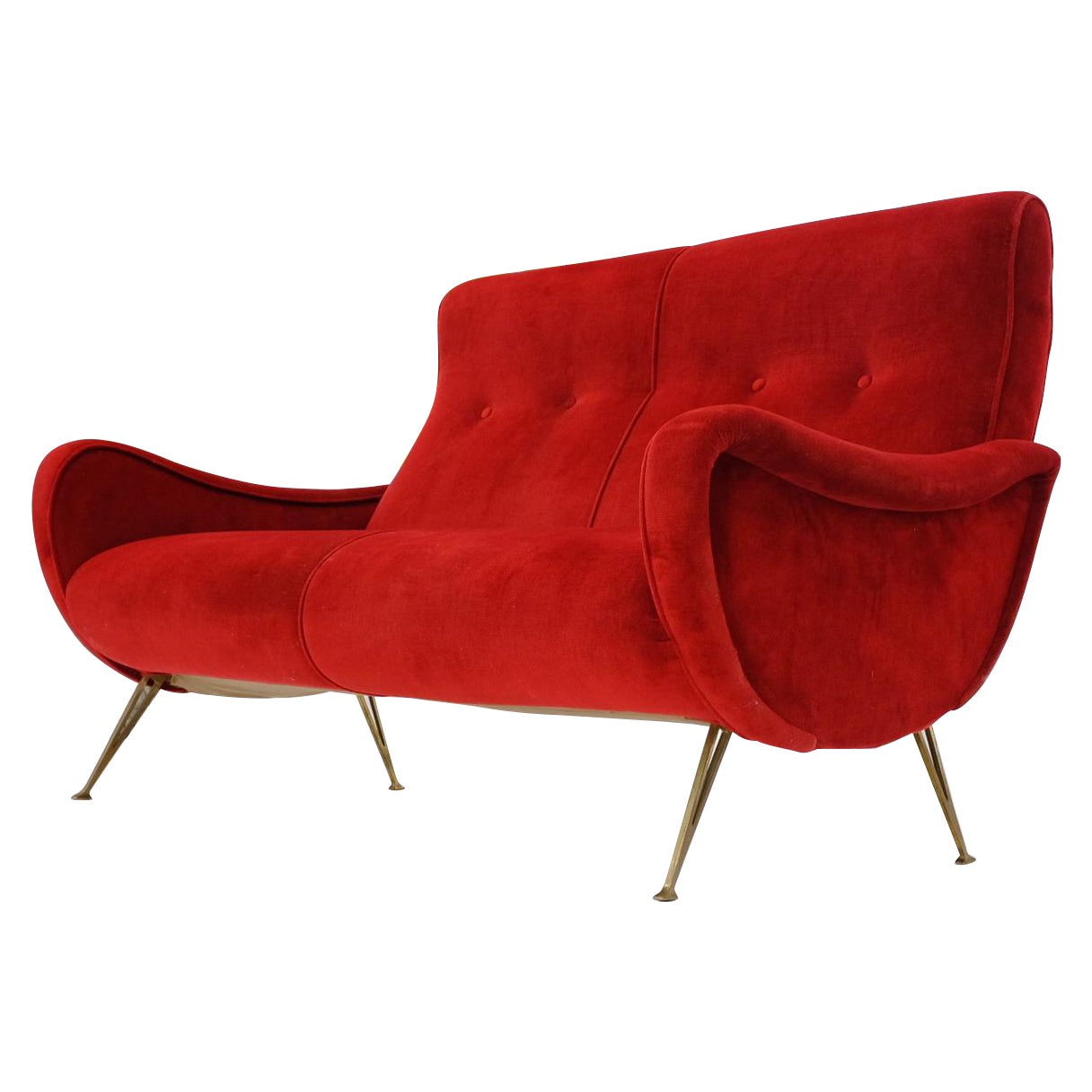 Tapizado rojo Patas de latón Sofá Loveseat moderno italiano de mediados de siglo en venta