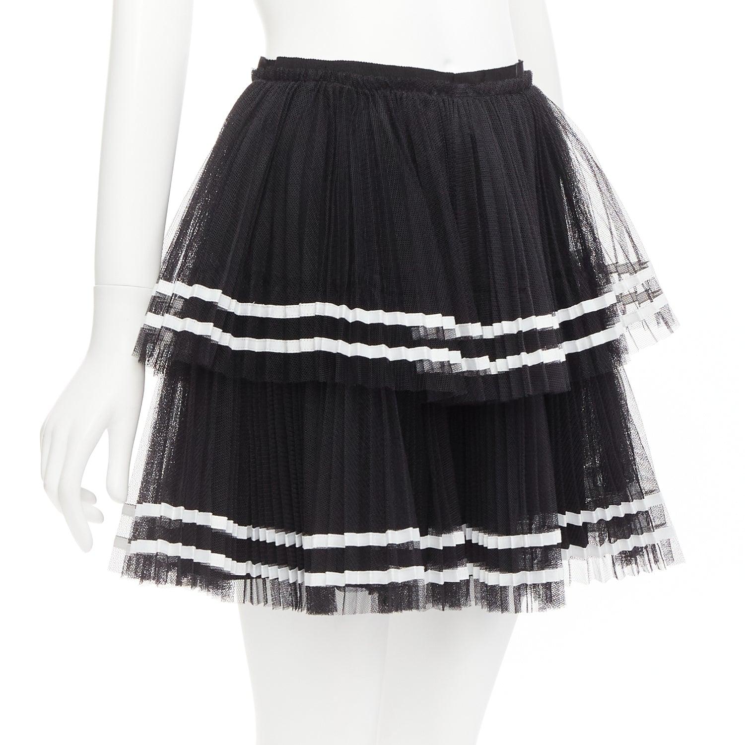 Black RED VALENTINO 2022 black tiered white stripe tulle pleated mini skirt IT38 XS For Sale