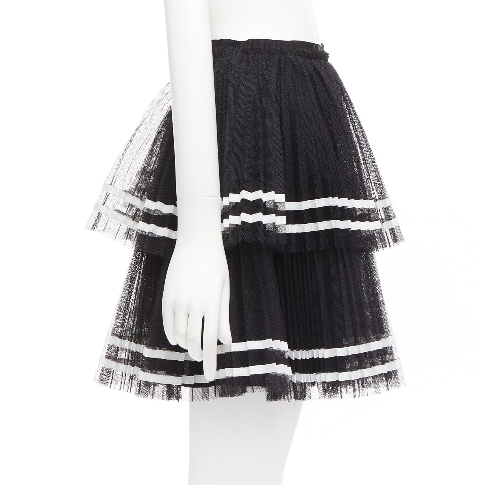 RED VALENTINO 2022 black tiered white stripe tulle pleated mini skirt IT38 XS For Sale 1