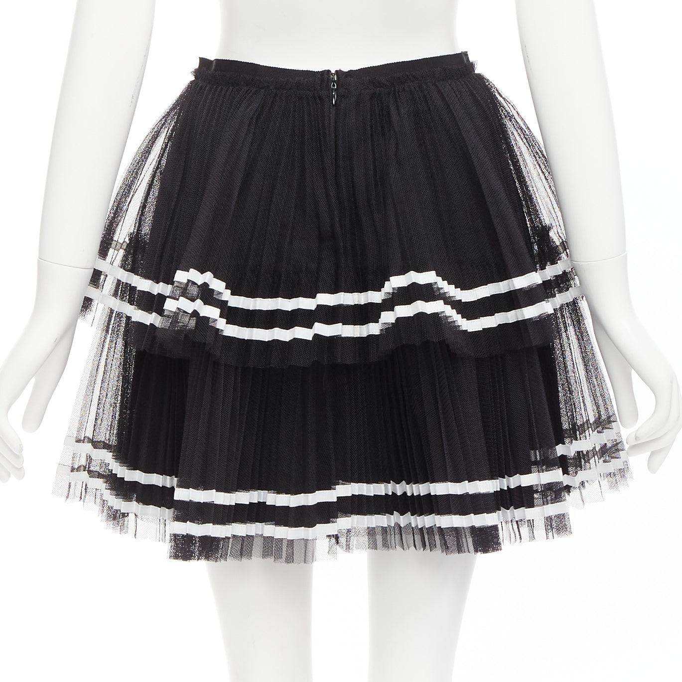 RED VALENTINO 2022 black tiered white stripe tulle pleated mini skirt IT38 XS For Sale 2
