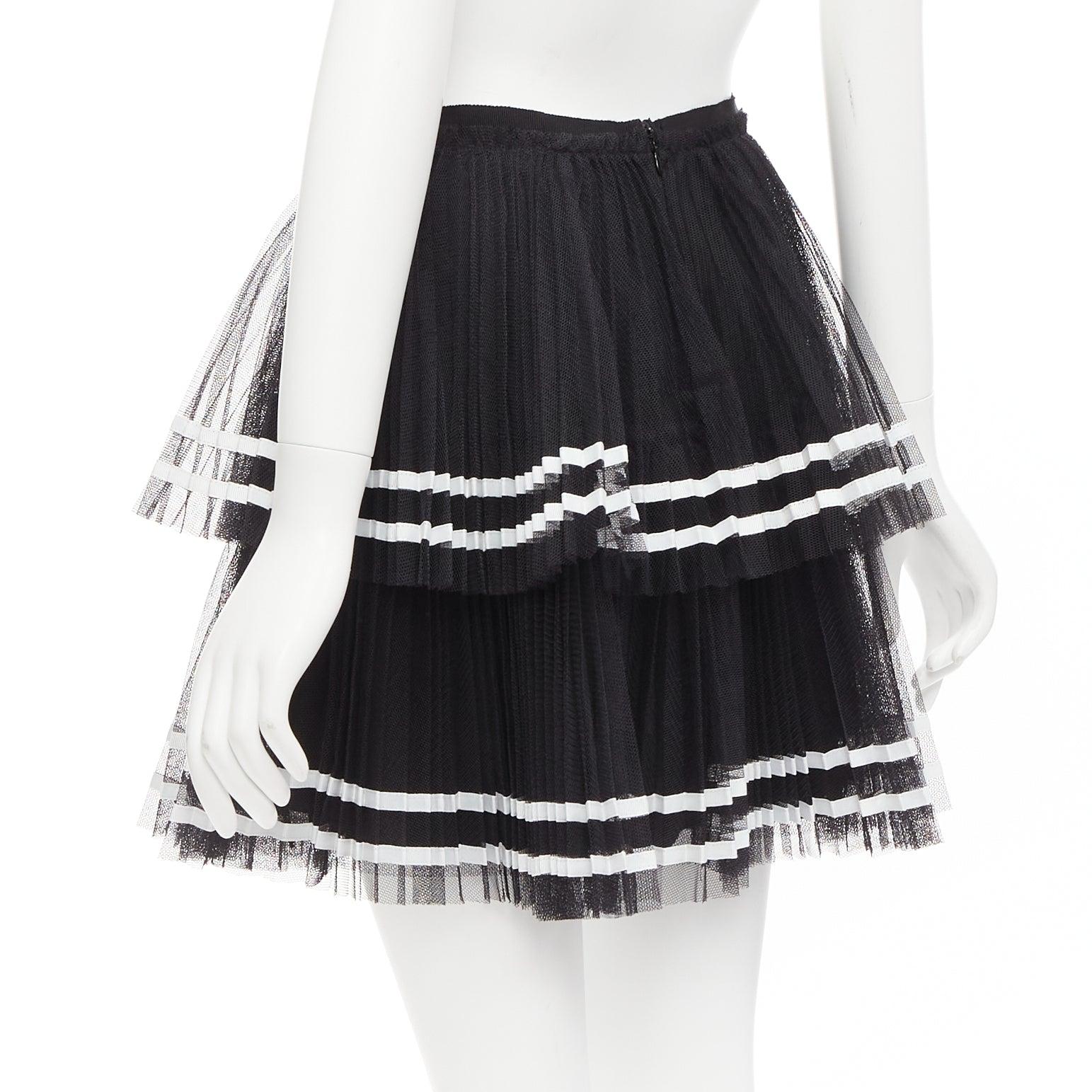 RED VALENTINO 2022 black tiered white stripe tulle pleated mini skirt IT38 XS For Sale 3