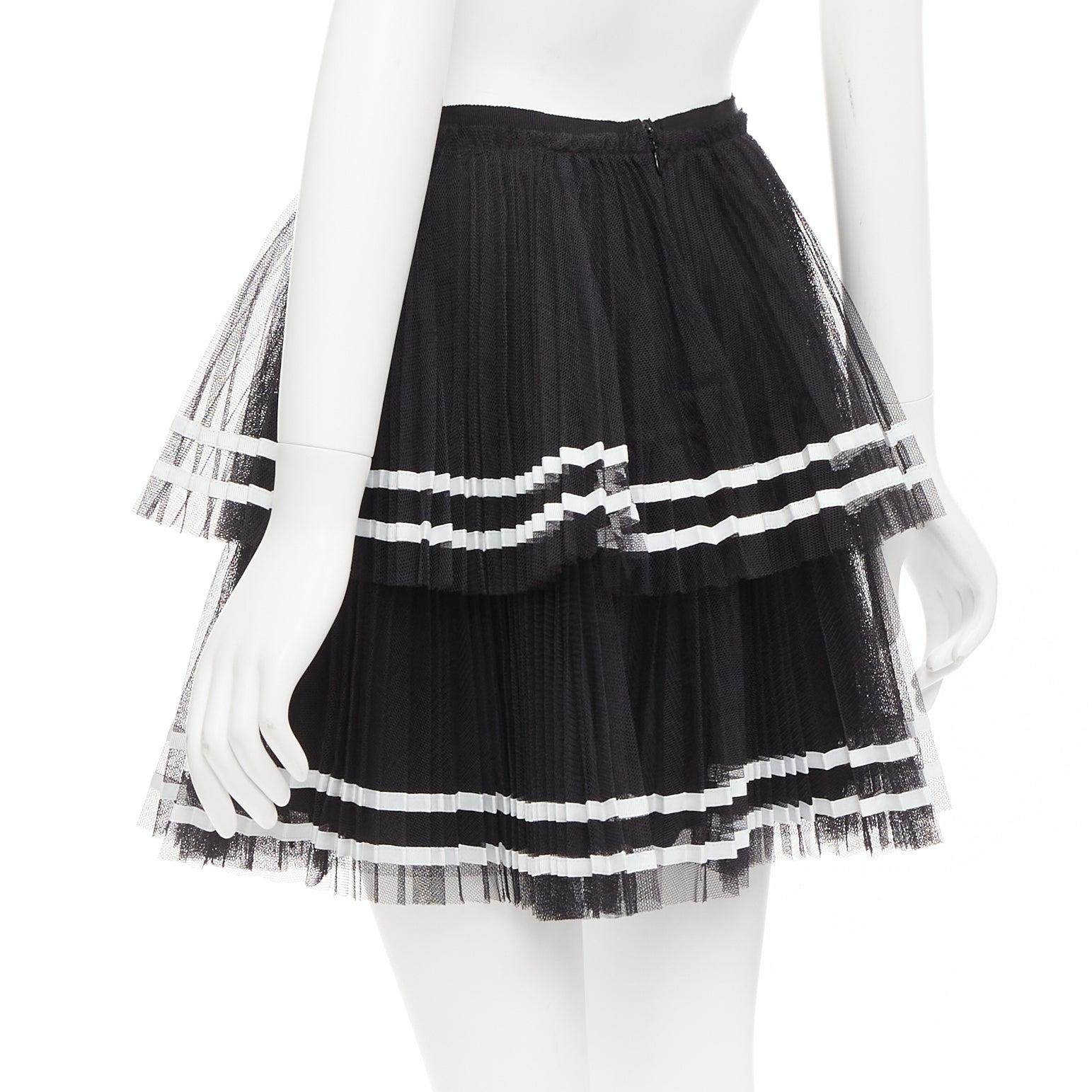 RED VALENTINO 2022 black tiered white stripe tulle pleated mini skirt IT38 XS For Sale 2