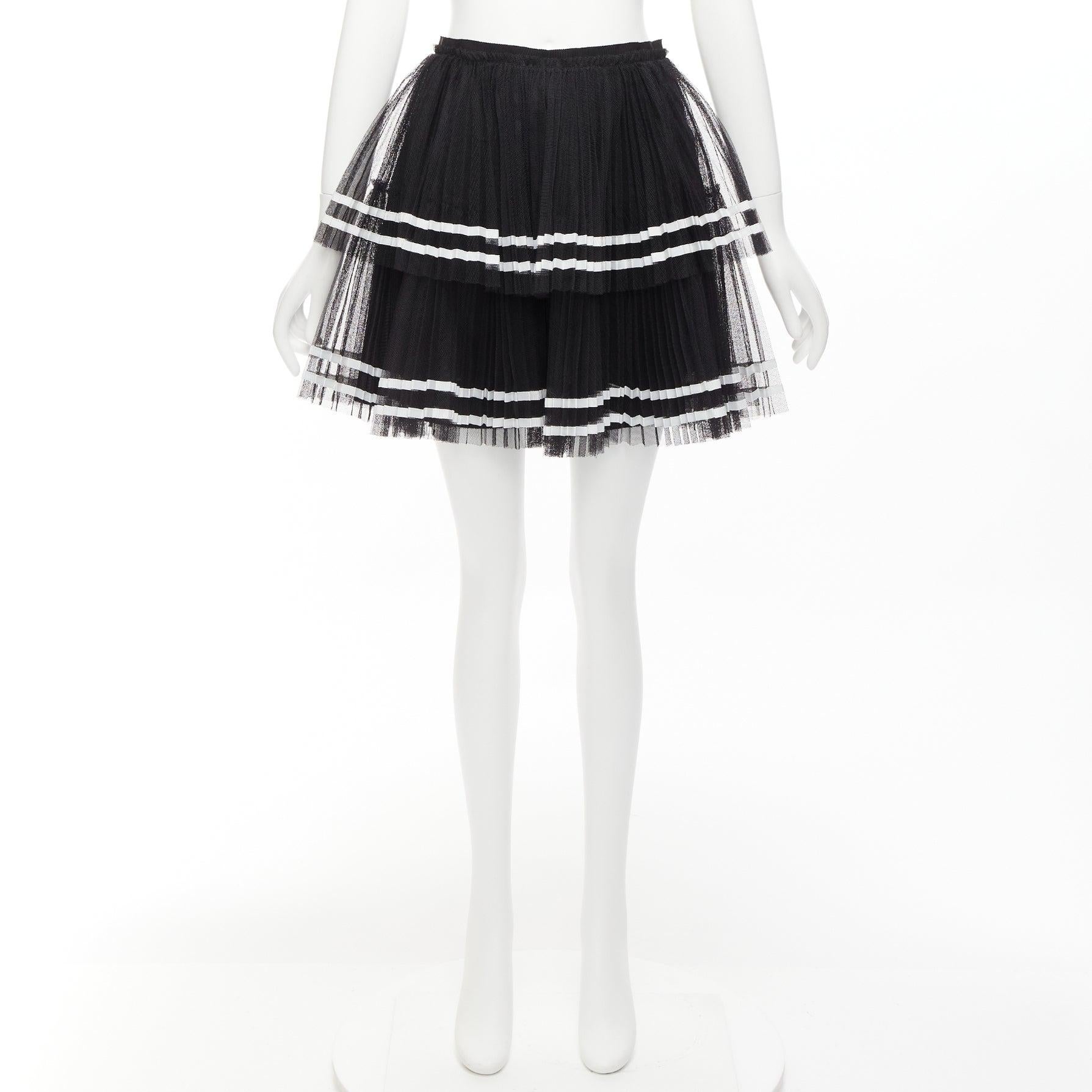 RED VALENTINO 2022 black tiered white stripe tulle pleated mini skirt IT38 XS For Sale 6