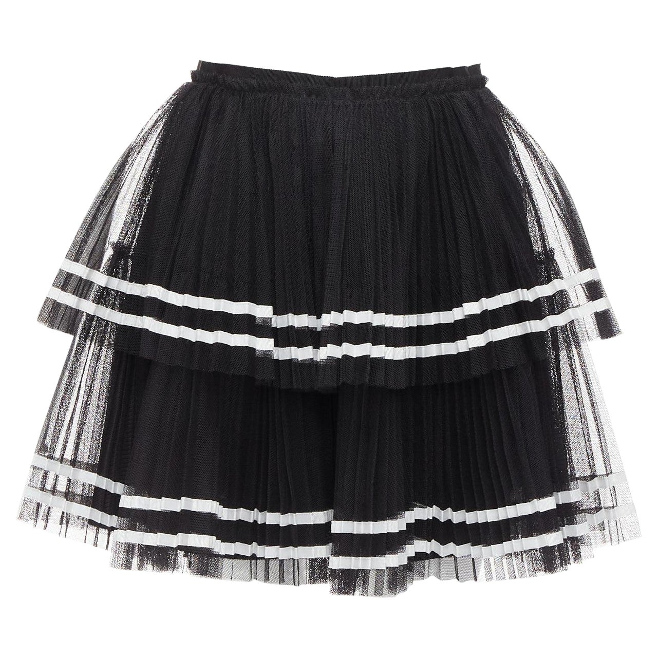 VALENTINO 2022, mini-jupe plissée en tulle à rayures blanches et noires, taille IT 38 XS en vente